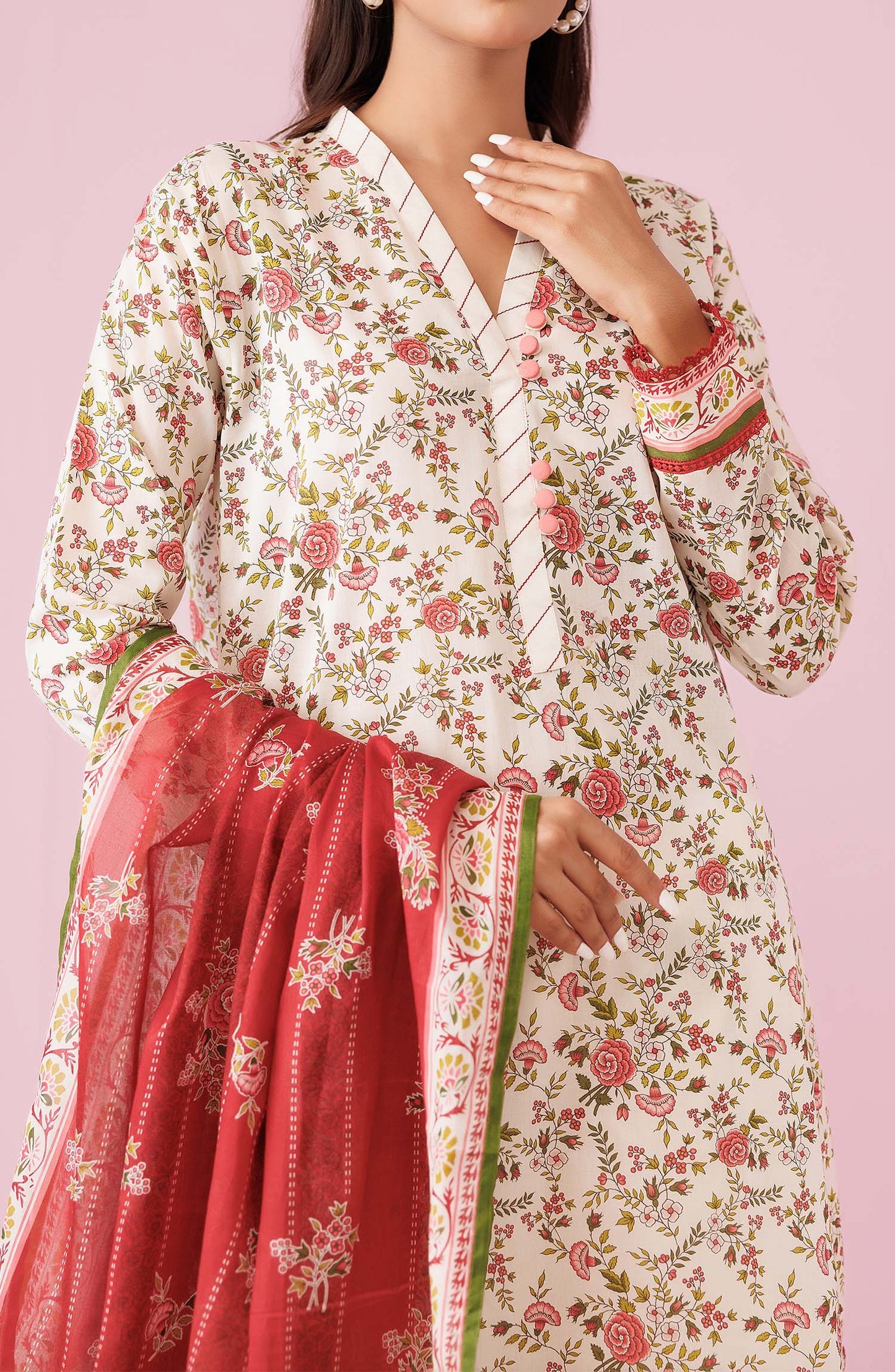 Unstitched 3 Piece Printed Lawn Shirt , Cambric Pant and Lawn Dupatta (OTL-24-296/U BEIGE)