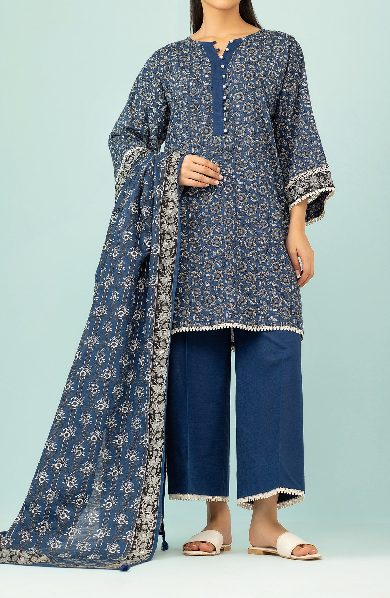 Unstitched 3 Piece Printed Khaddar Shirt , Khaddar Pant and Khaddar Dupatta (OTL-24-315/U DARK BLUE)