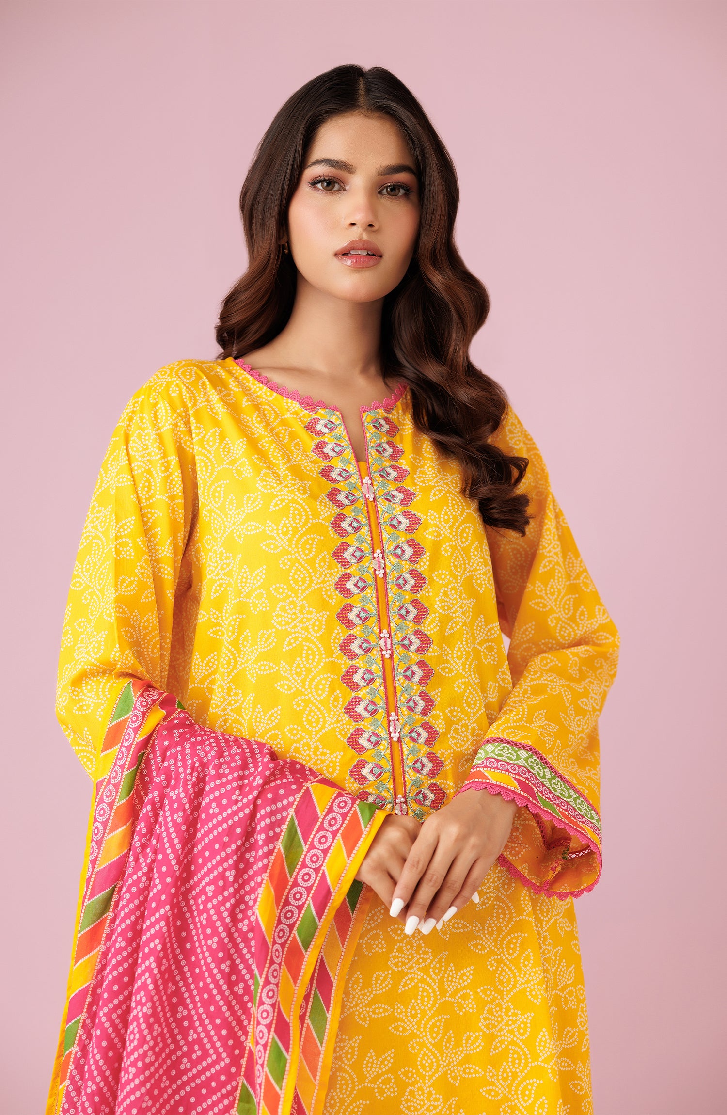 Unstitched 3 Piece Embroidered Lawn Shirt , Cambric Pant and Lawn Dupatta (OTL-24-121/U YELLOW)