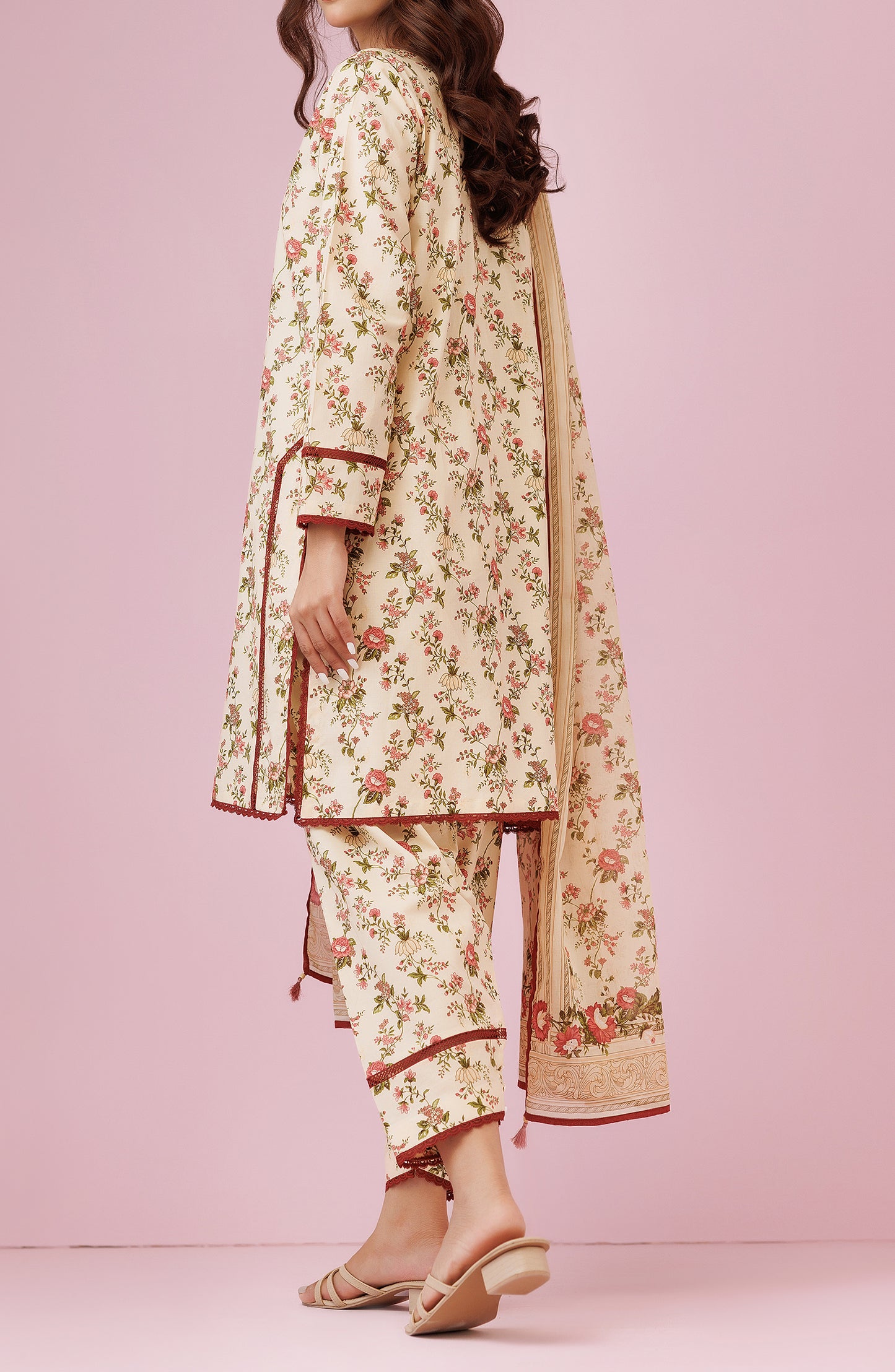 Unstitched 3 Piece Printed Lawn Shirt , Cambric Pant and Lawn Dupatta (OTL-24-430/U BEIGE)