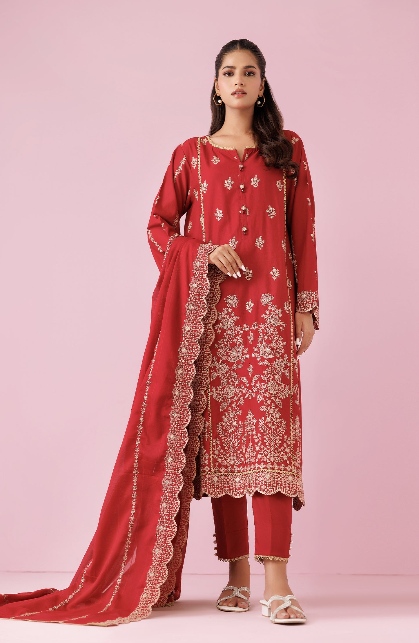 Unstitched 3 Piece Embroidered Lawn Shirt , Cambric Pant and Lawn Dupatta (WRFC24S-3009/U RED)