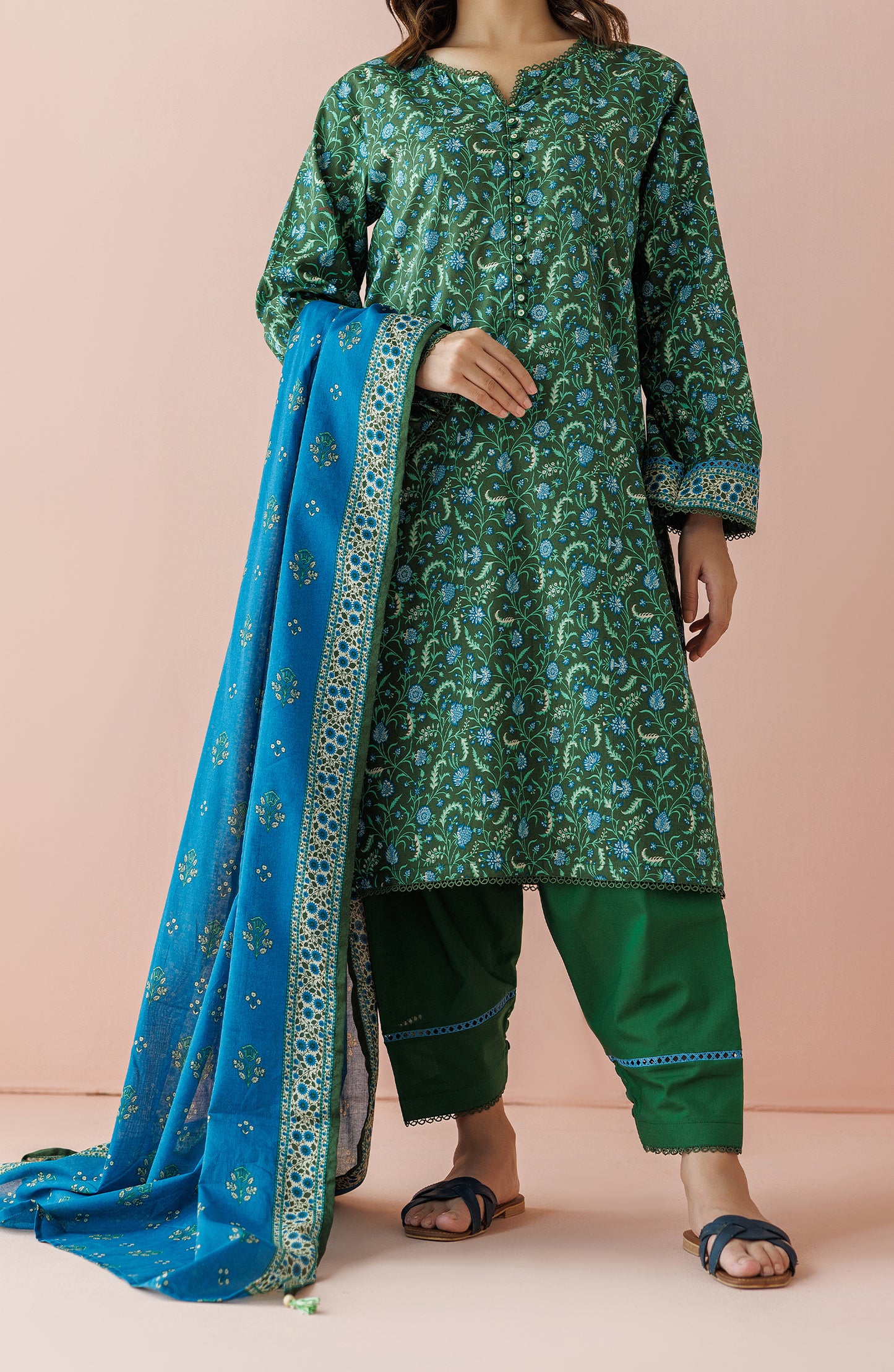 Unstitched 3 Piece Printed Lawn Shirt , Cambric Pant and Lawn Dupatta (OTL-24-190/U GREEN)