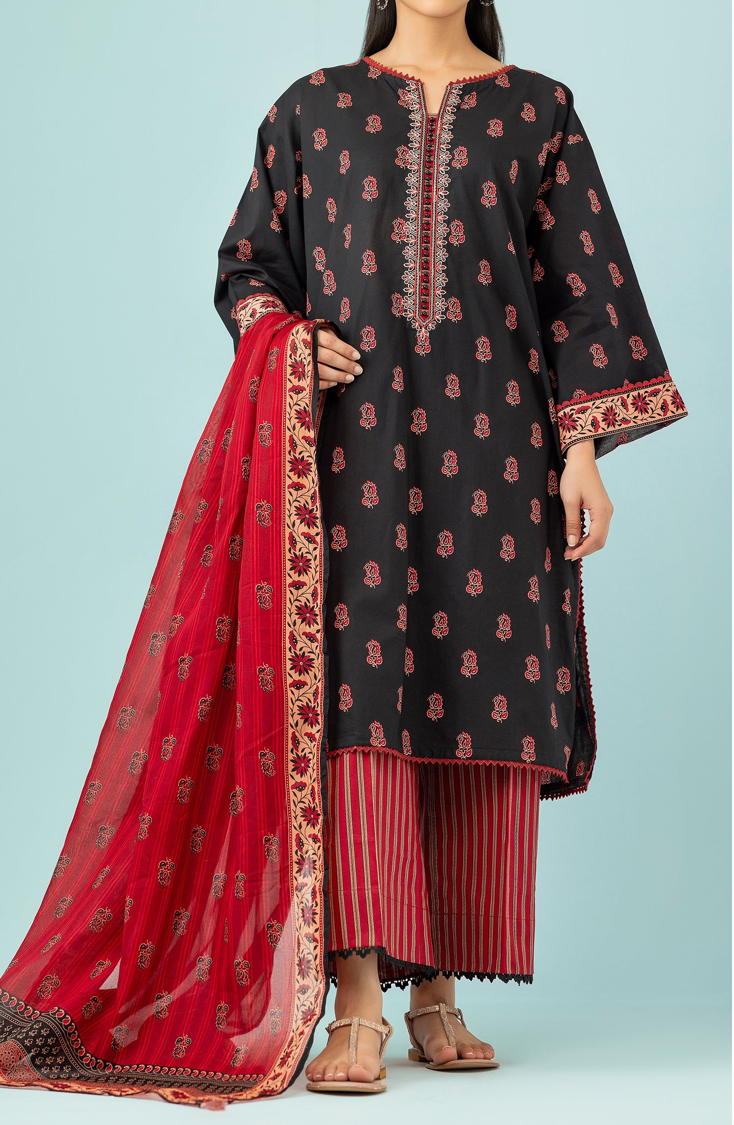 Unstitched 3 Piece Embroidered Lawn Shirt , Cambric Pant and Lawn Dupatta (OTL-24-241/U BLACK)