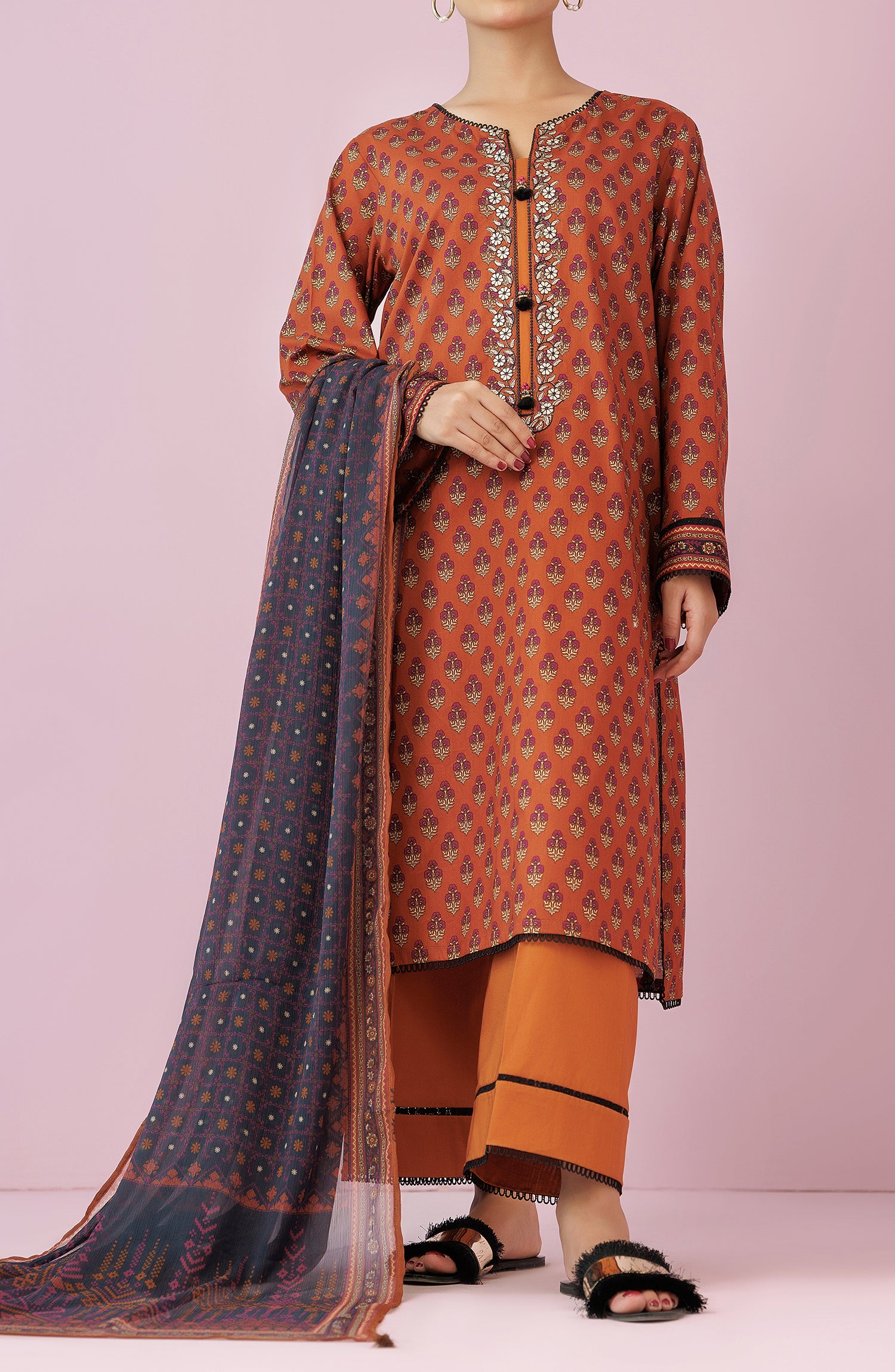 Unstitched 3 Piece Embroidered Lawn Shirt , Cambric Pant and Chiffon Dupatta (OTL-24-460/U OCHRE)