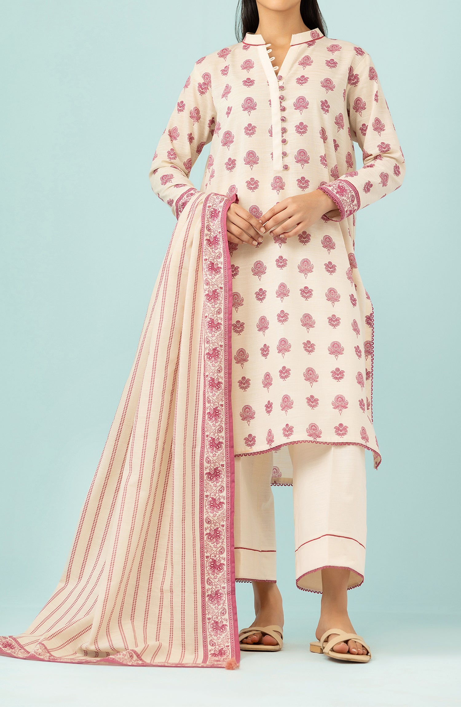 Unstitched 3 Piece Printed Khaddar Shirt , Khaddar Pant and Khaddar Dupatta (OTL-24-185/U OFF WHITE)