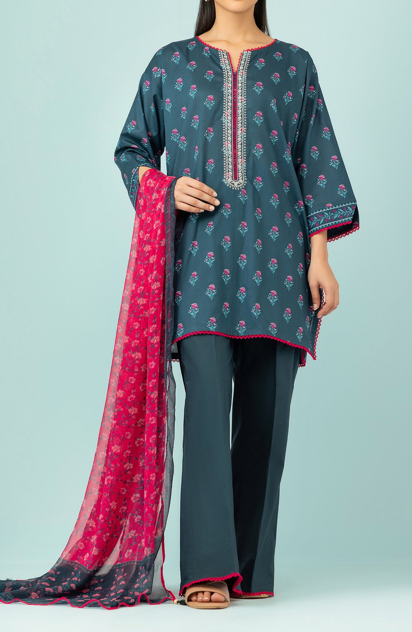 Unstitched 3 Piece Embroidered Lawn Shirt , Cambric Pant and Lawn Dupatta (OTL-24-108/U TEAL)