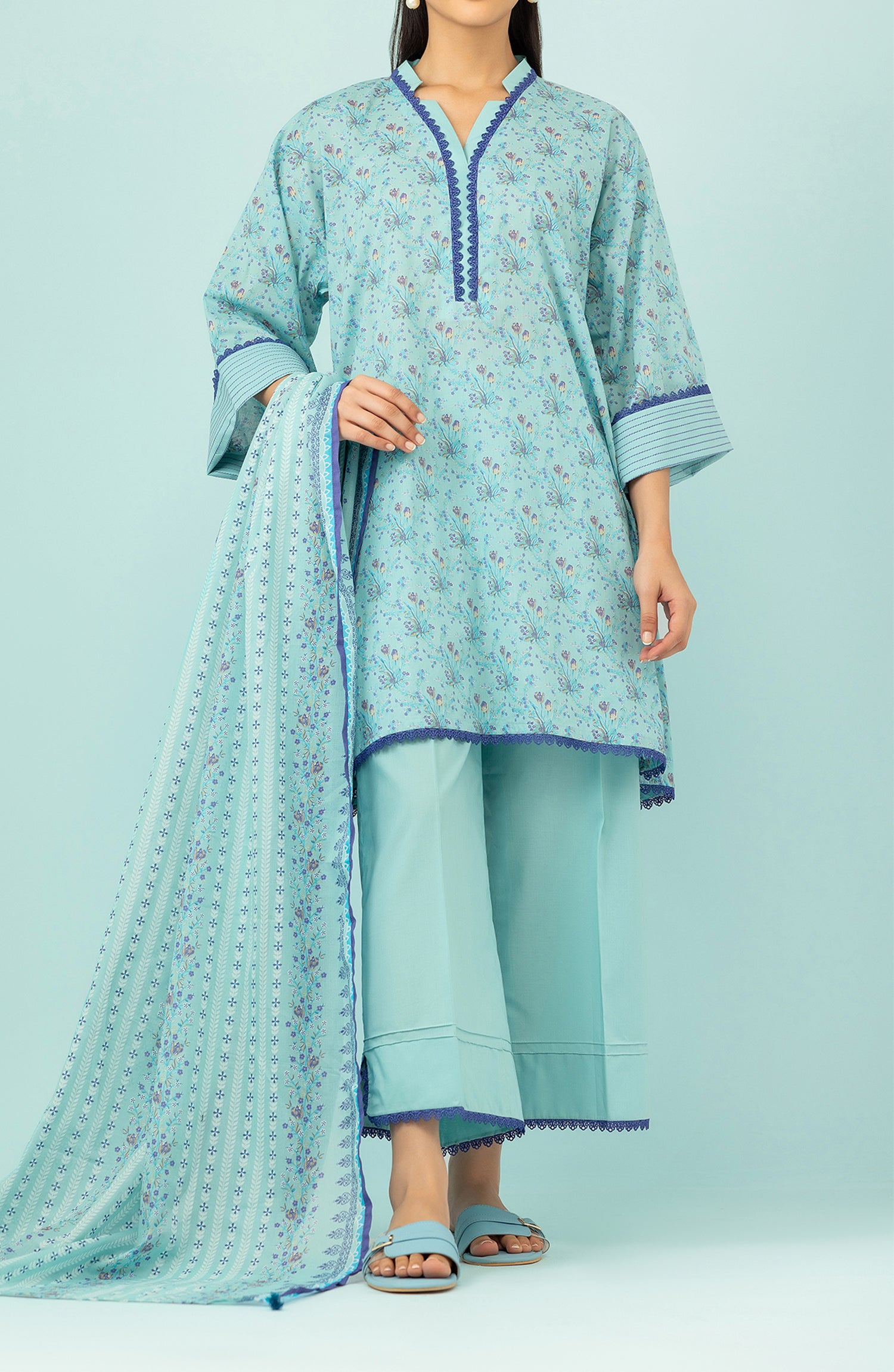 Unstitched 3 Piece Printed Lawn Shirt , Cambric Pant and Lawn Dupatta (OTL-24-177/U ICE BLUE)