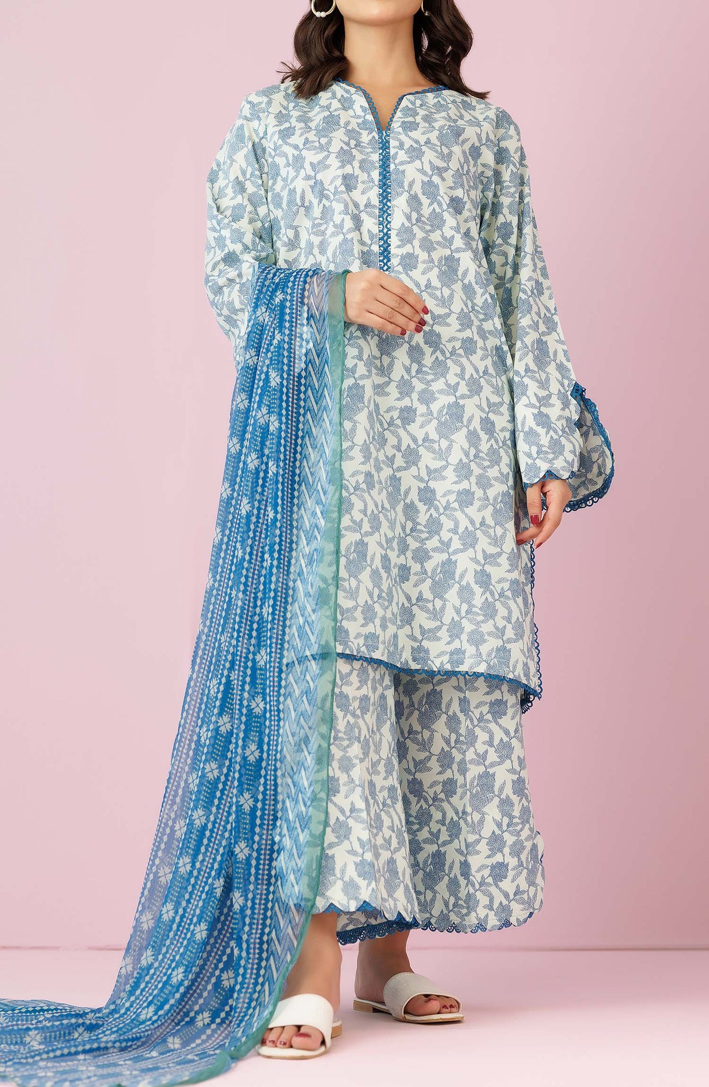 Unstitched 3 Piece Printed Lawn Shirt , Cambric Pant and Kitonic Chiffon Dupatta (OTL-24-302/U BEIGE)