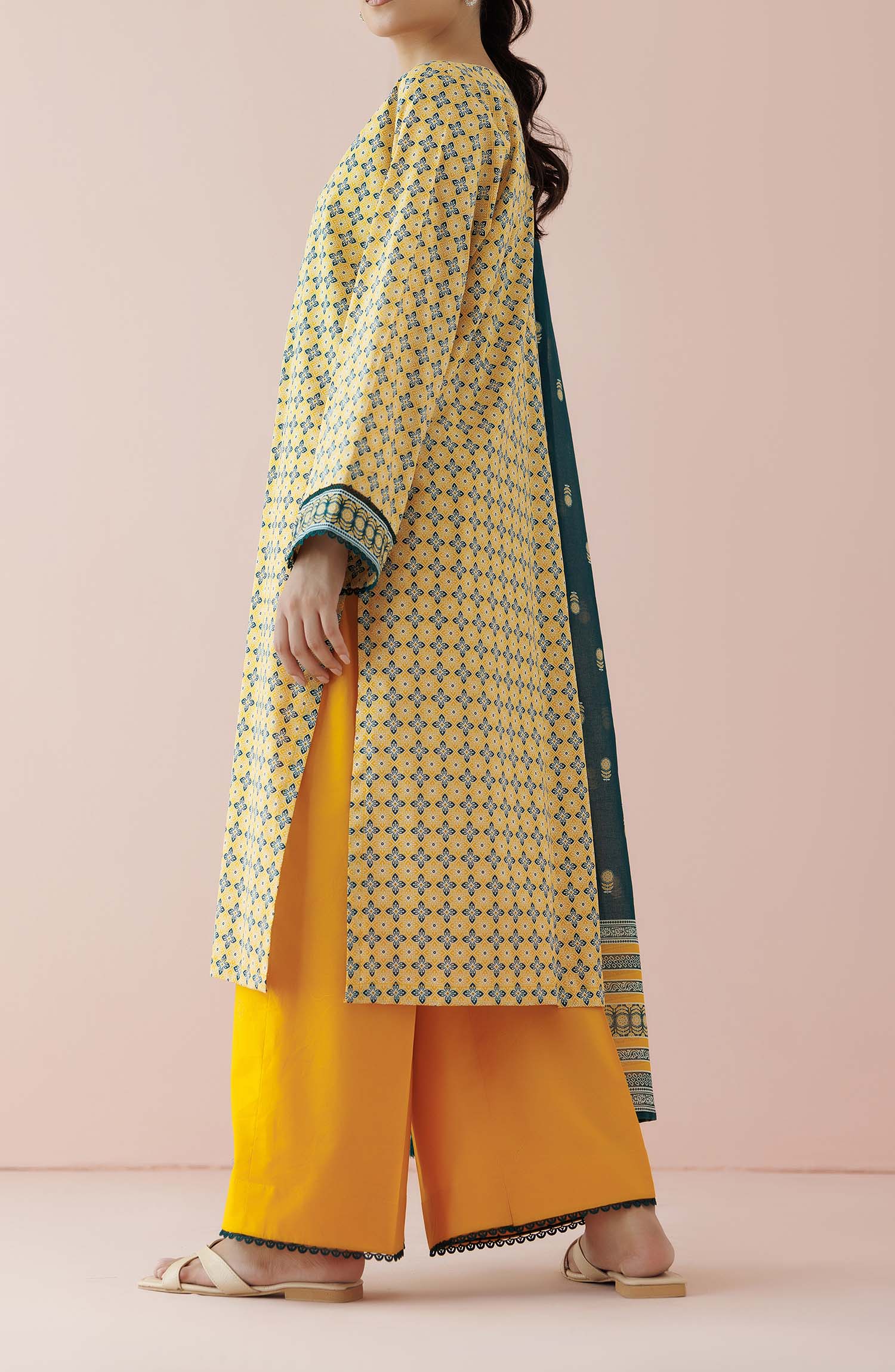 Unstitched 3 Piece Printed Lawn Shirt , Cambric Pant and Lawn Dupatta (OTL-24-089/U OCHER)