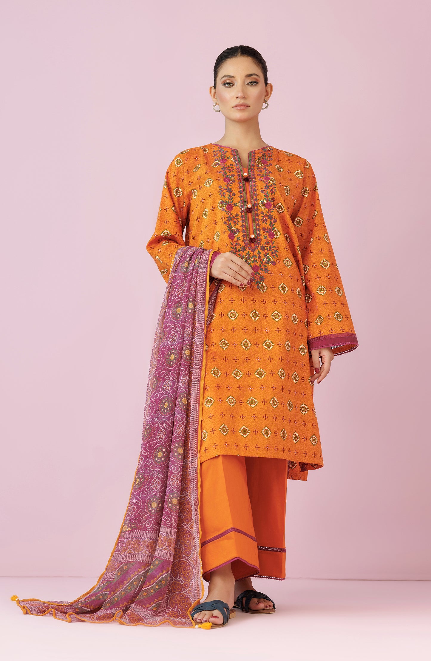 Unstitched 3 Piece Embroidered Lawn Shirt , Cambric Pant and Chiffon Dupatta (OTL-24-458/U OCHRE)