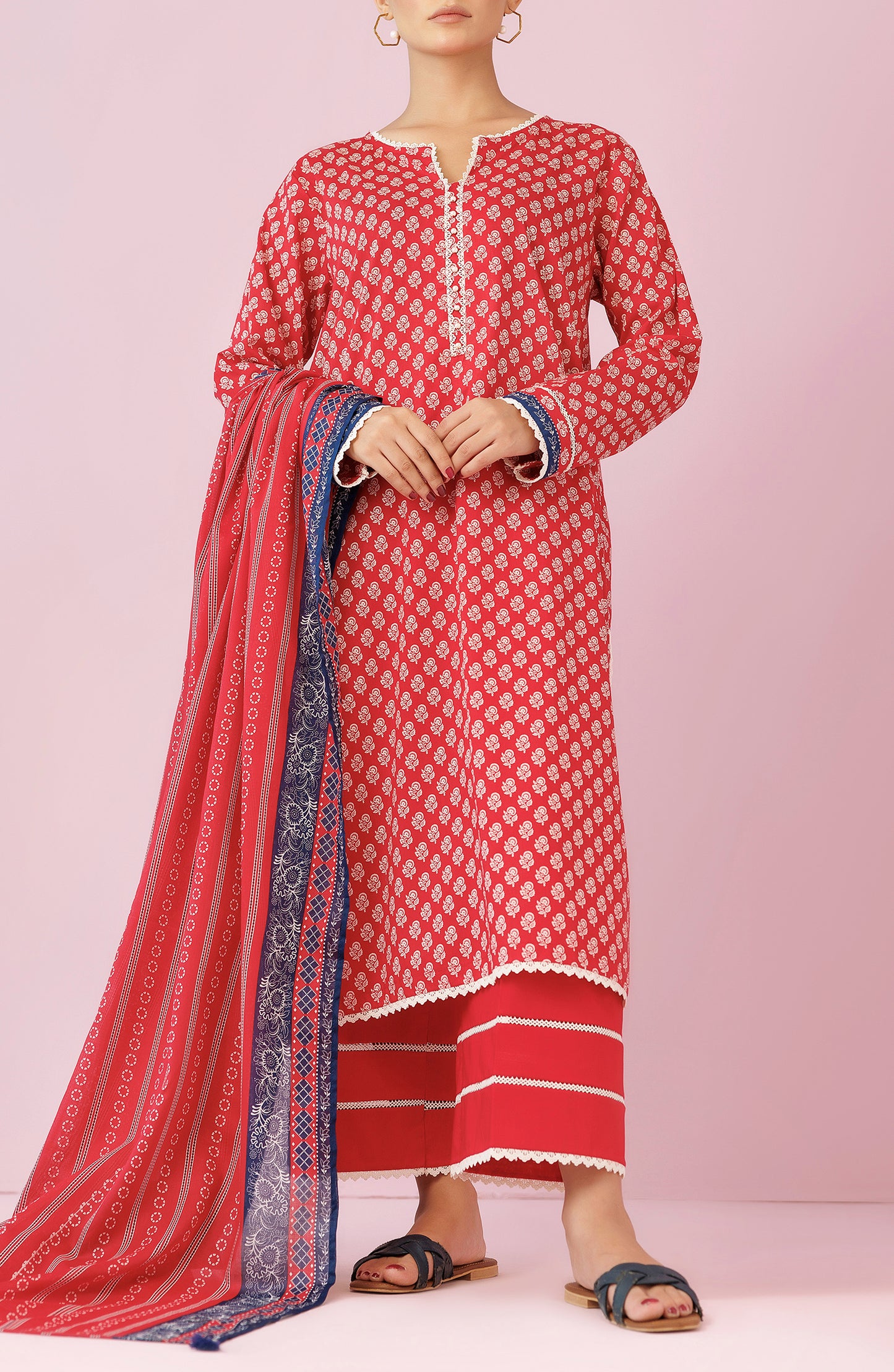 Unstitched 3 Piece Printed Lawn Shirt , Cambric Pant and Lawn Dupatta (OTL-24-196/U RED)