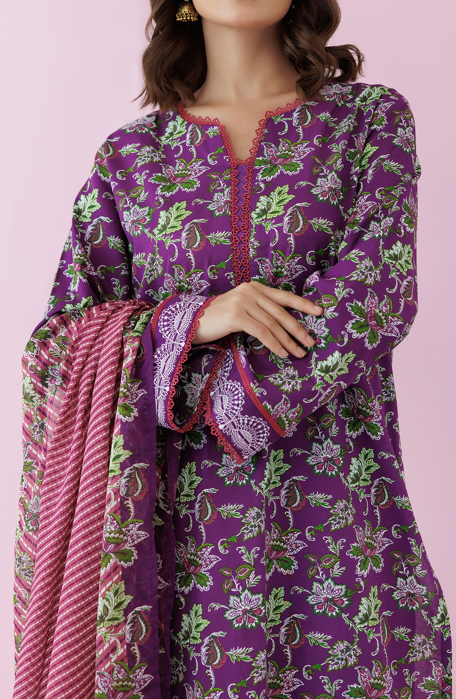 Unstitched 3 Piece Printed Lawn Shirt , Cambric Pant and Lawn Dupatta (OTL-24-133/U PURPLE)