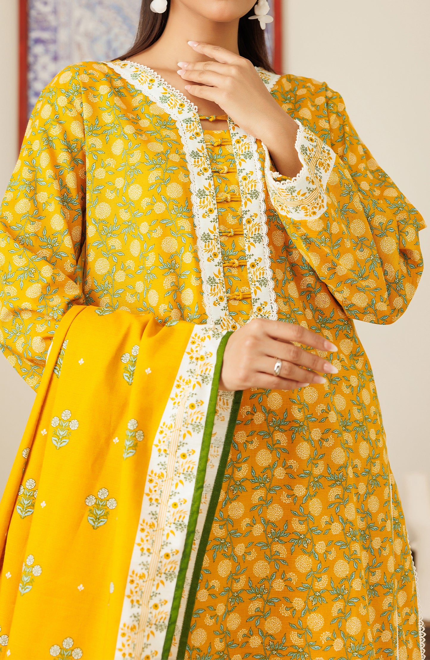 Stitched 3 Piece Printed Khaddar Shirt , Khaddar Pant and Khaddar Dupatta (OTL-24-141/S OCHRE)