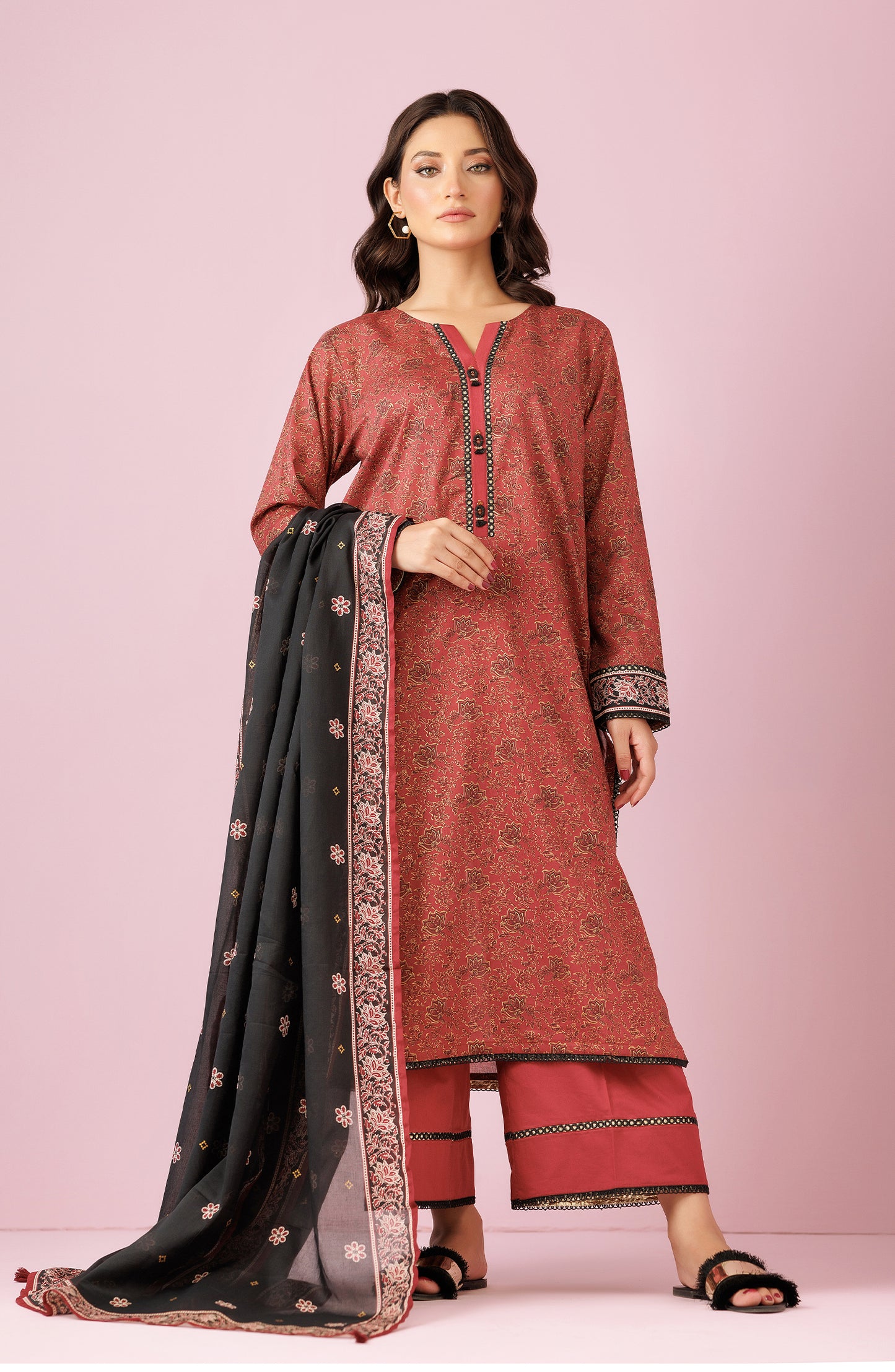 Unstitched 3 Piece Printed Lawn Shirt , Cambric Pant and Lawn Dupatta (OTL-24-215/U MAROON)