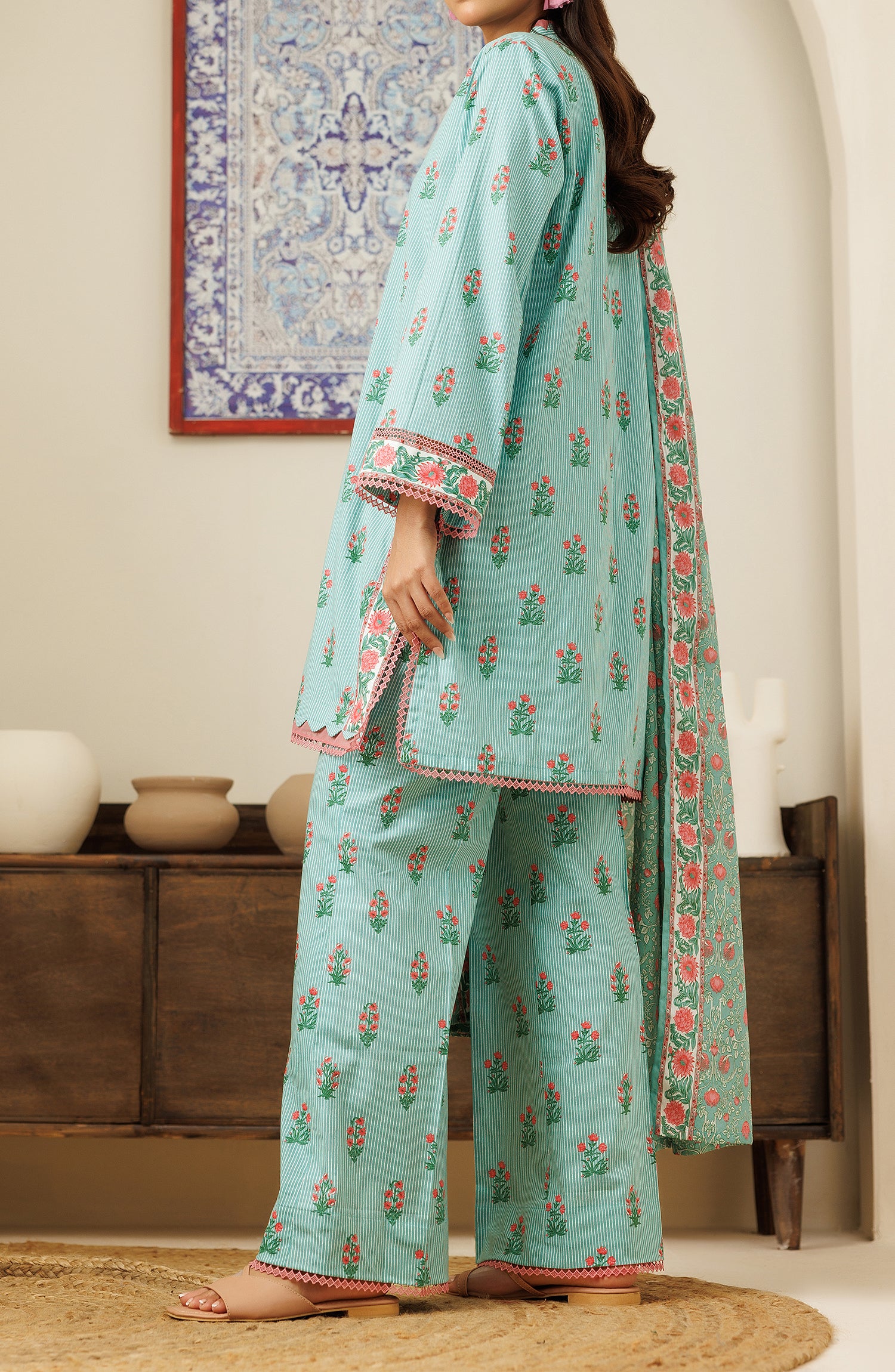 Unstitched 3 Piece Printed Cambric Shirt , Cambric Pant and Cambric Dupatta (OTL-24-242/U SKY BLUE)