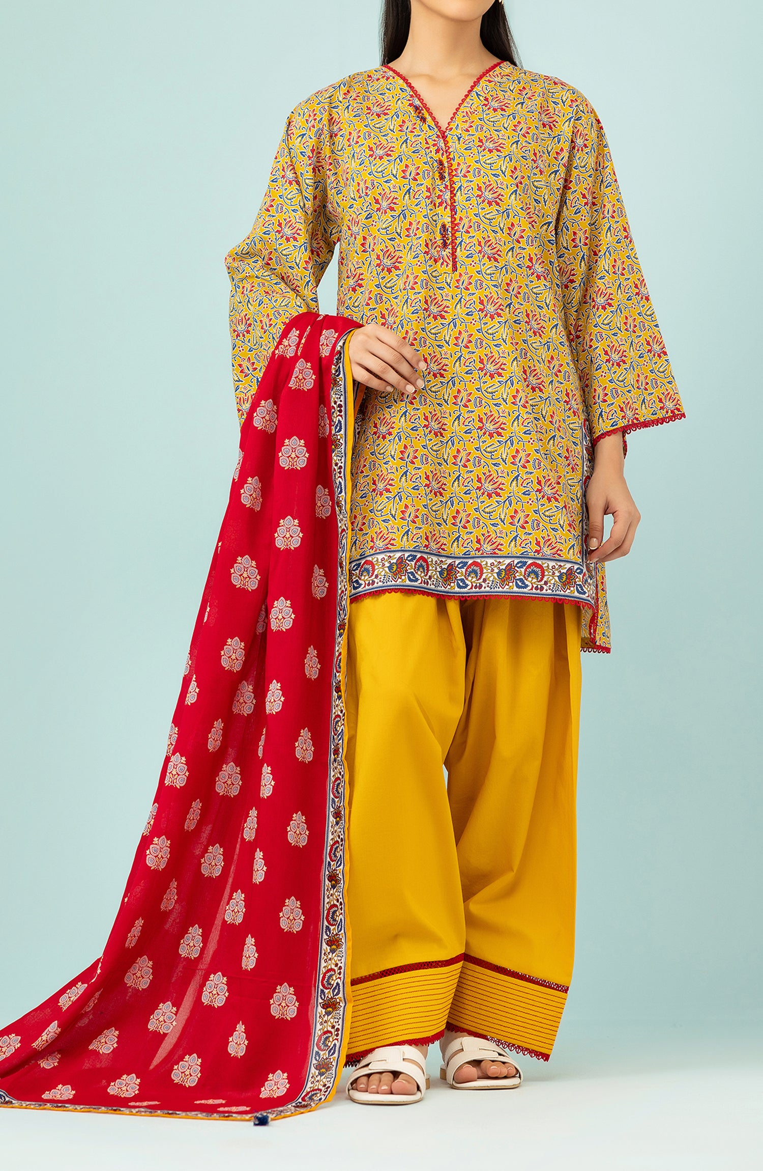 Unstitched 3 Piece Printed Lawn Shirt , Cambric Pant and Lawn Dupatta (OTL-24-198/U YELLOW)