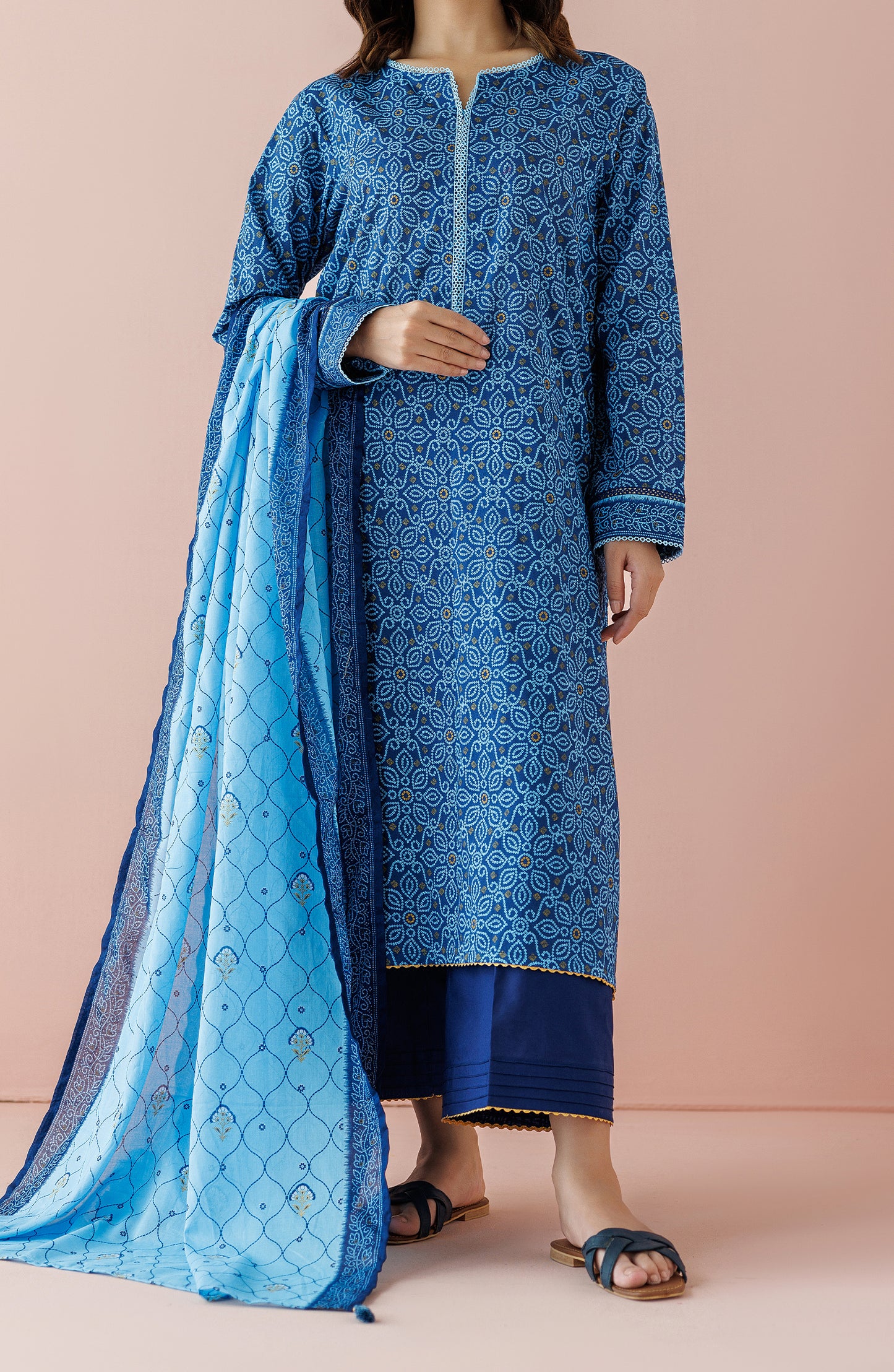 Stitched 3 Piece Printed Lawn Shirt , Cambric Pant and Lawn Dupatta (OTL-24-199/S BLUE)