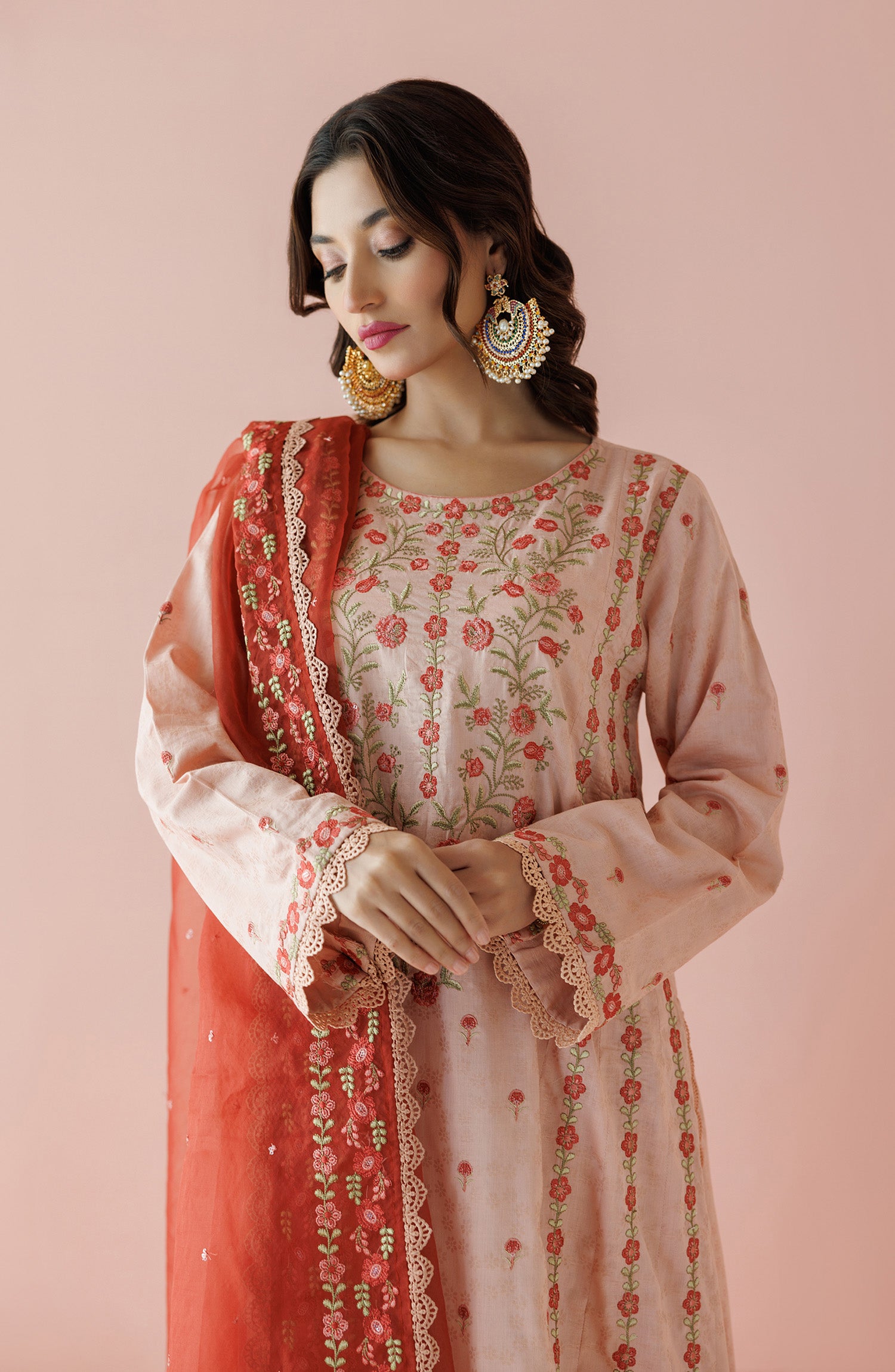 Unstitched 3 Piece Embroidered Jacquard Shirt , Jacquard Pant and Organza Dupatta (OTL-24-004/U PEACH)