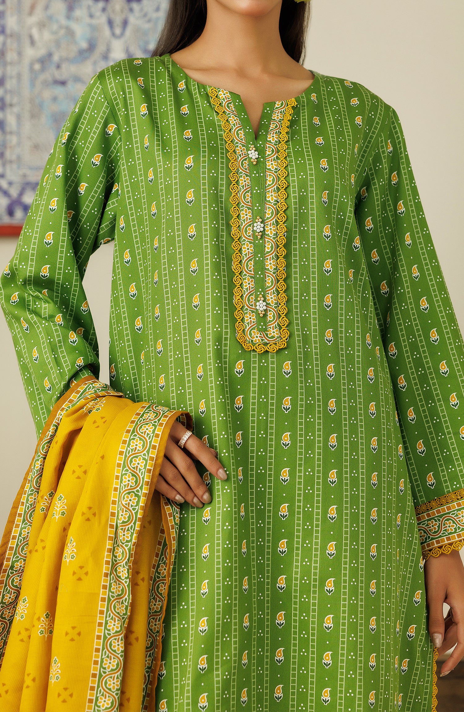 Unstitched 3 Piece Printed Cottel Shirt , Cottel Pant and Cottel Dupatta (OTL-24-451/U GREEN)