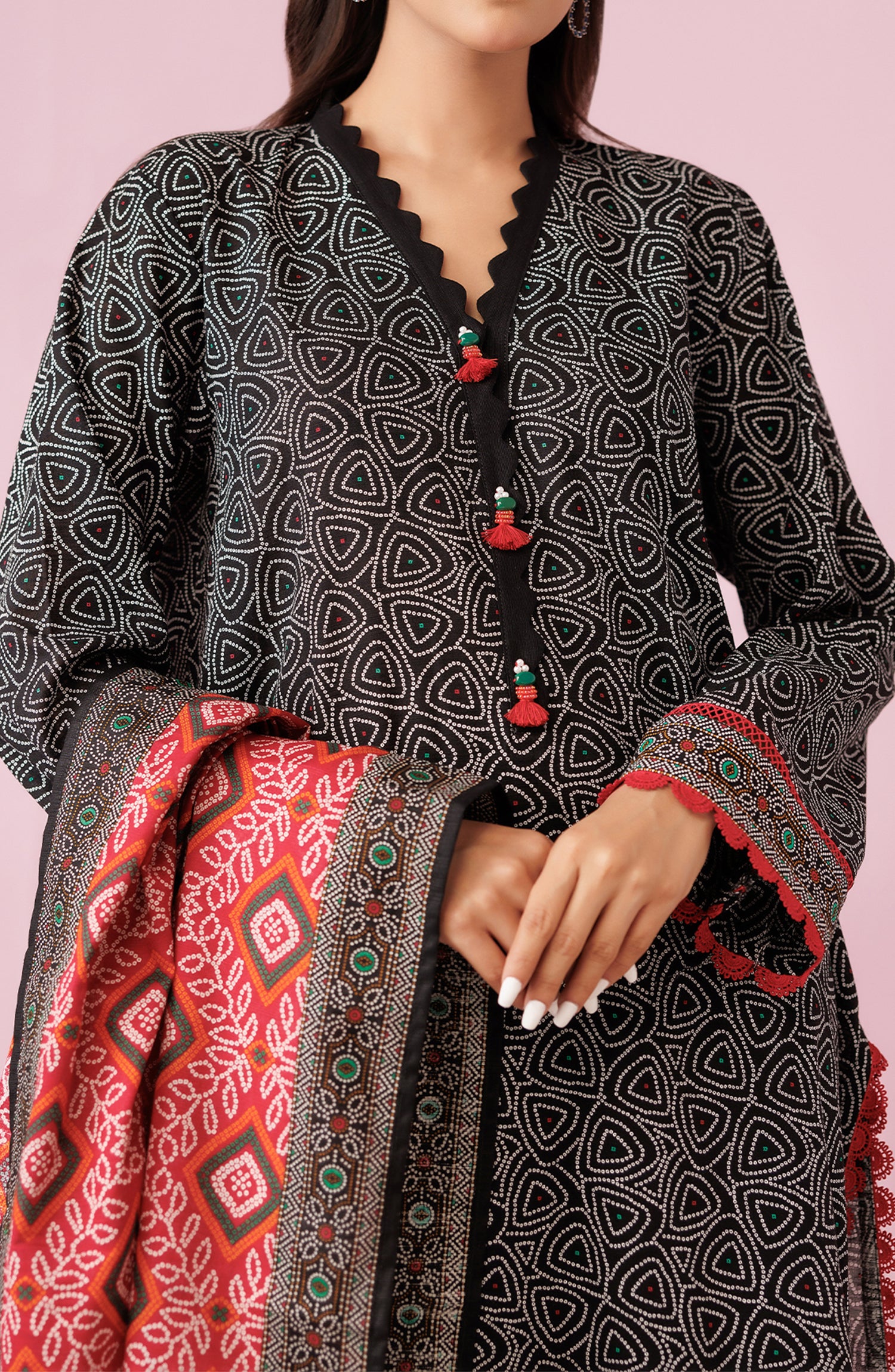 Unstitched 3 Piece Printed Khaddar Shirt , Khaddar Pant and Khaddar Dupatta (OTL-24-308/U BLACK)