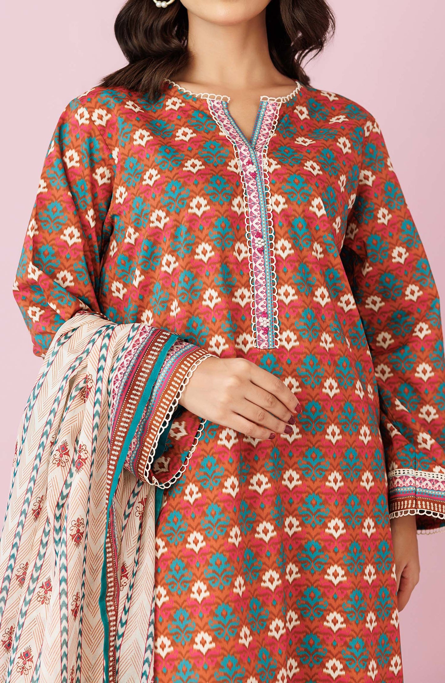 Unstitched 3 Piece Printed Lawn Shirt , Cambric Pant and Lawn Dupatta (OTL-24-115/U OCHRE)