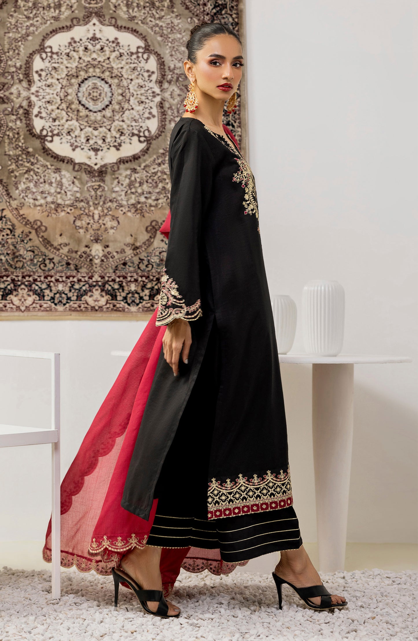 Stitched 3 Piece Embroidered Cotton Silk Shirt , Cotton Silk Pant and Slub Khaddar Dupatta (OTLF-23-057/S BLACK)