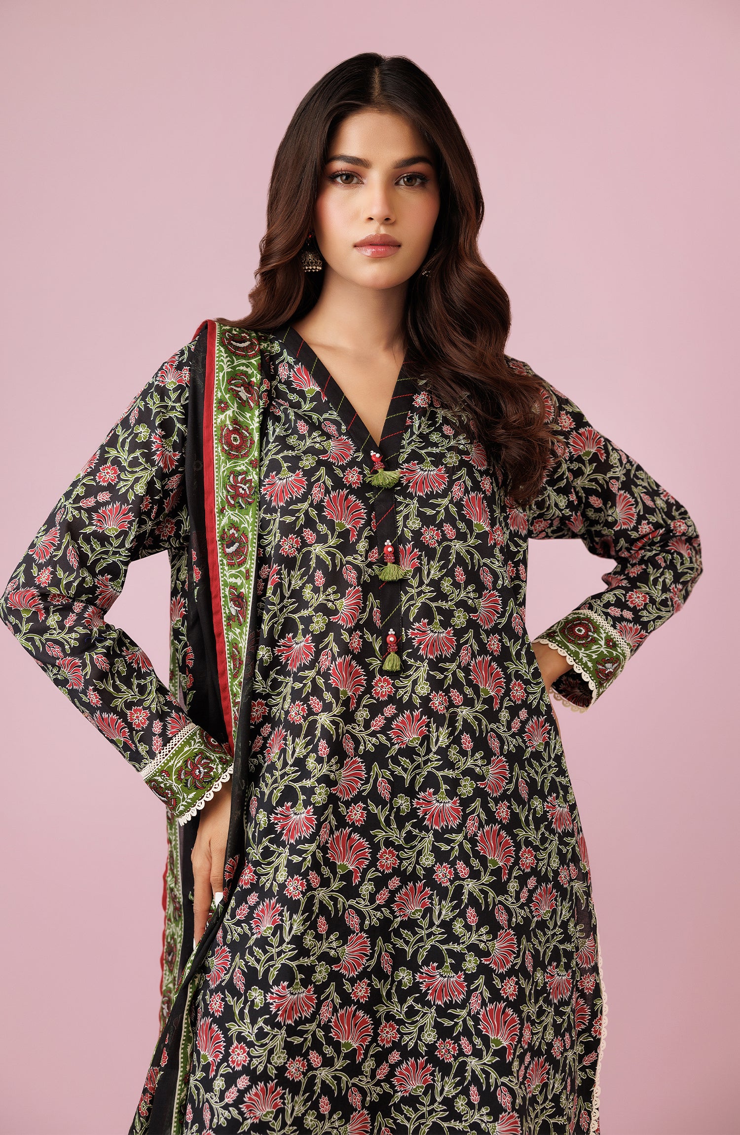 Unstitched 3 Piece Printed Lawn Shirt , Cambric Pant and Lawn Dupatta (OTL-24-350/U BLACK)