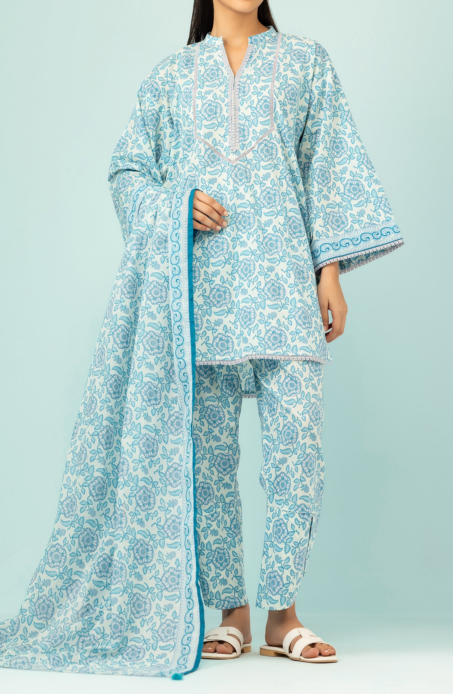 Unstitched 3 Piece Printed Lawn Shirt , Cambric Pant and Lawn Dupatta (OTL-24-424/U ICE BLUE)