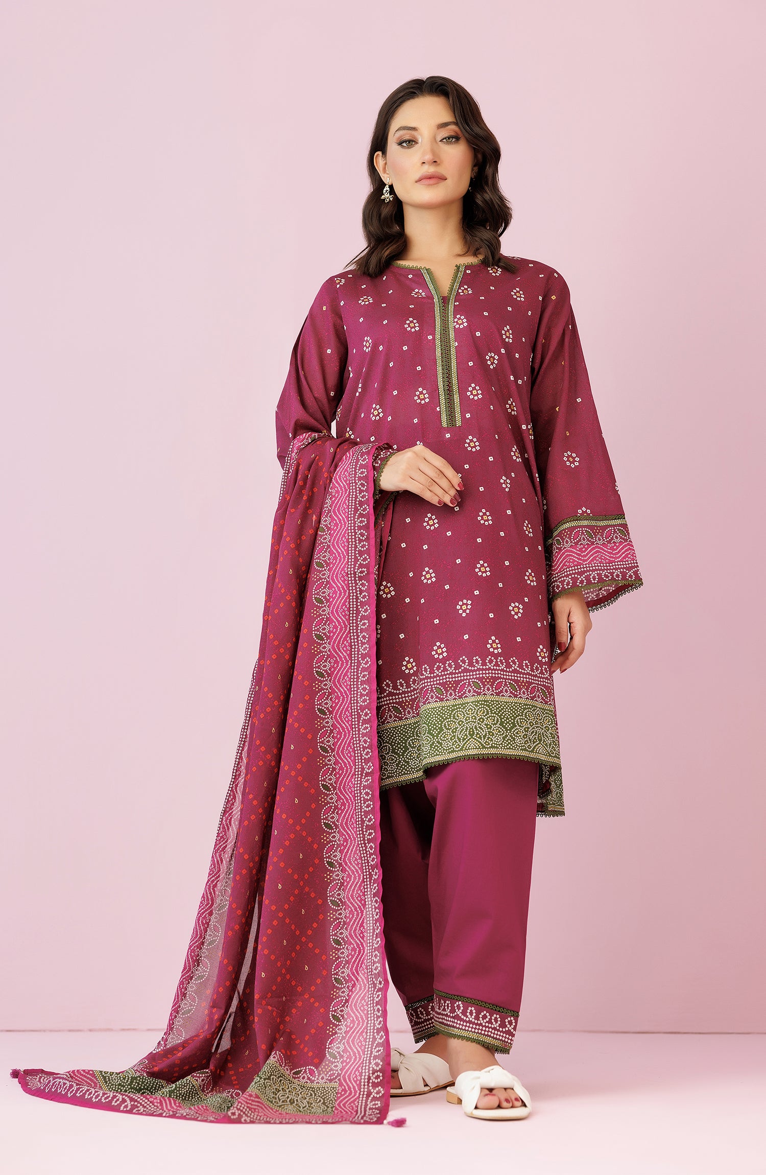 Unstitched 3 Piece Printed Lawn Shirt , Cambric Pant and Lawn Dupatta (OTL-24-397/U MAGENTA)