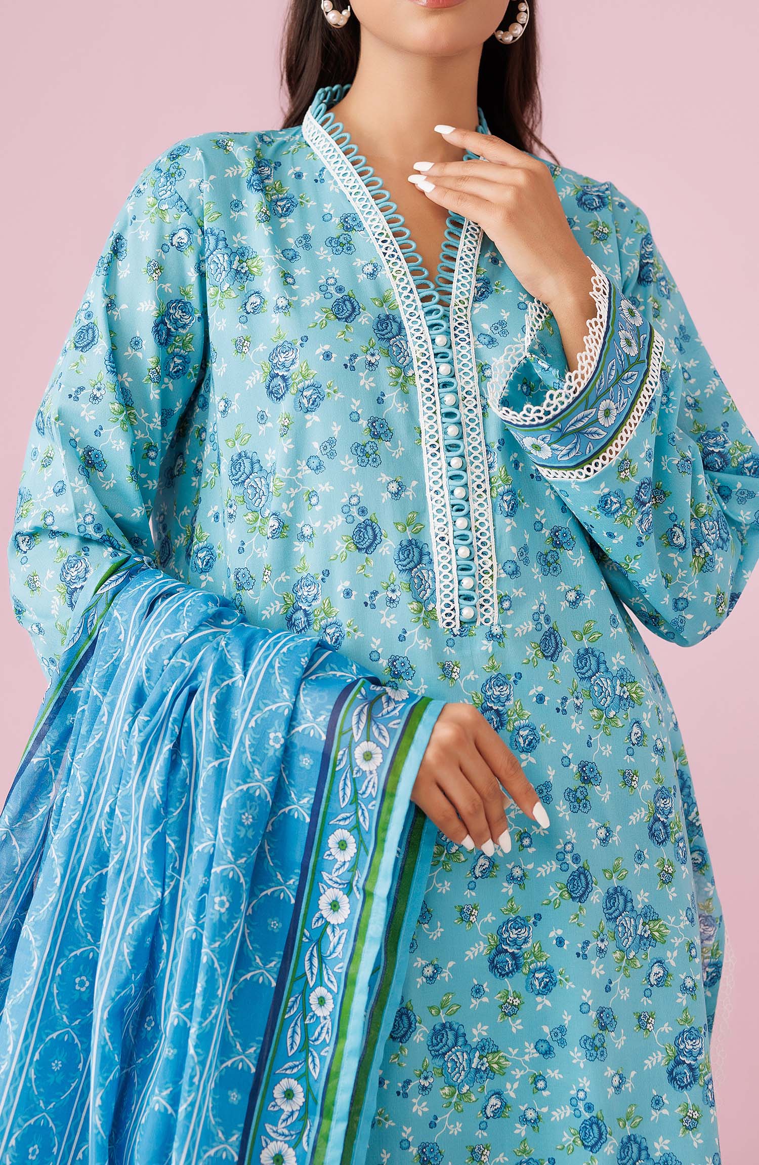 Unstitched 3 Piece Printed Lawn Shirt , Cambric Pant and Lawn Dupatta (OTL-24-233/U SKY BLUE)