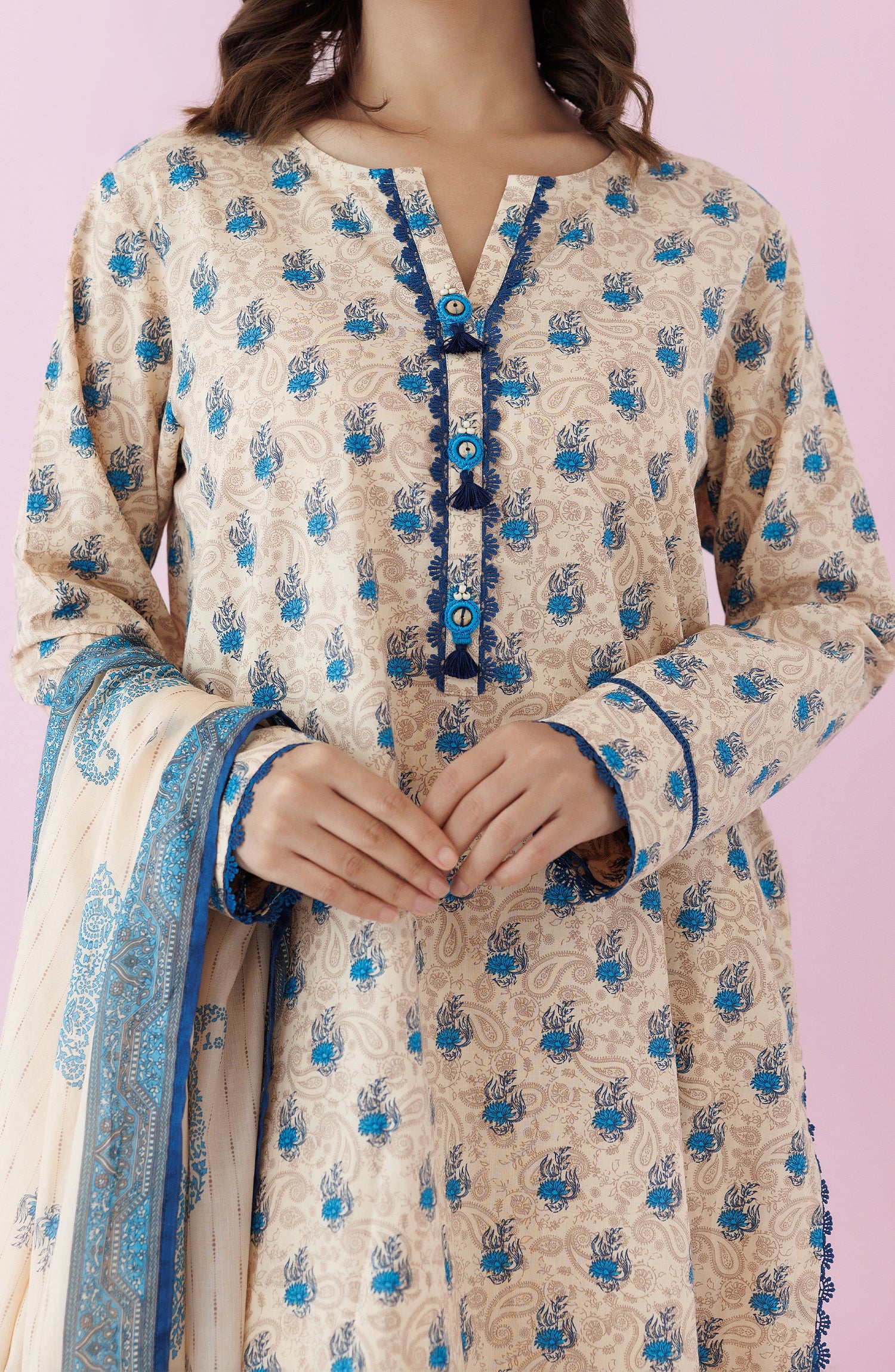 Stitched 3 Piece Printed Lawn Shirt , Cambric Pant and Lawn Dupatta (OTL-24-440/S BEIGE)