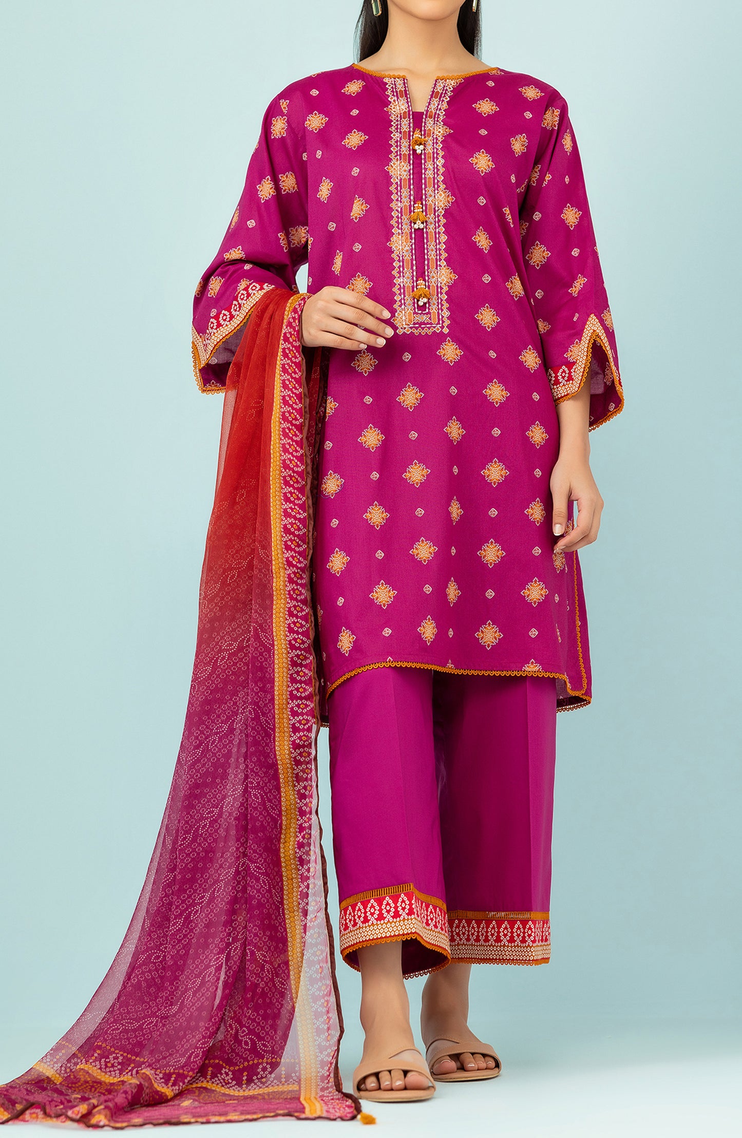 Unstitched 3 Piece Embroidered Lawn Shirt , Cambric Pant and Kitonic Chiffon Dupatta (OTL-24-110/U MAGENTA)