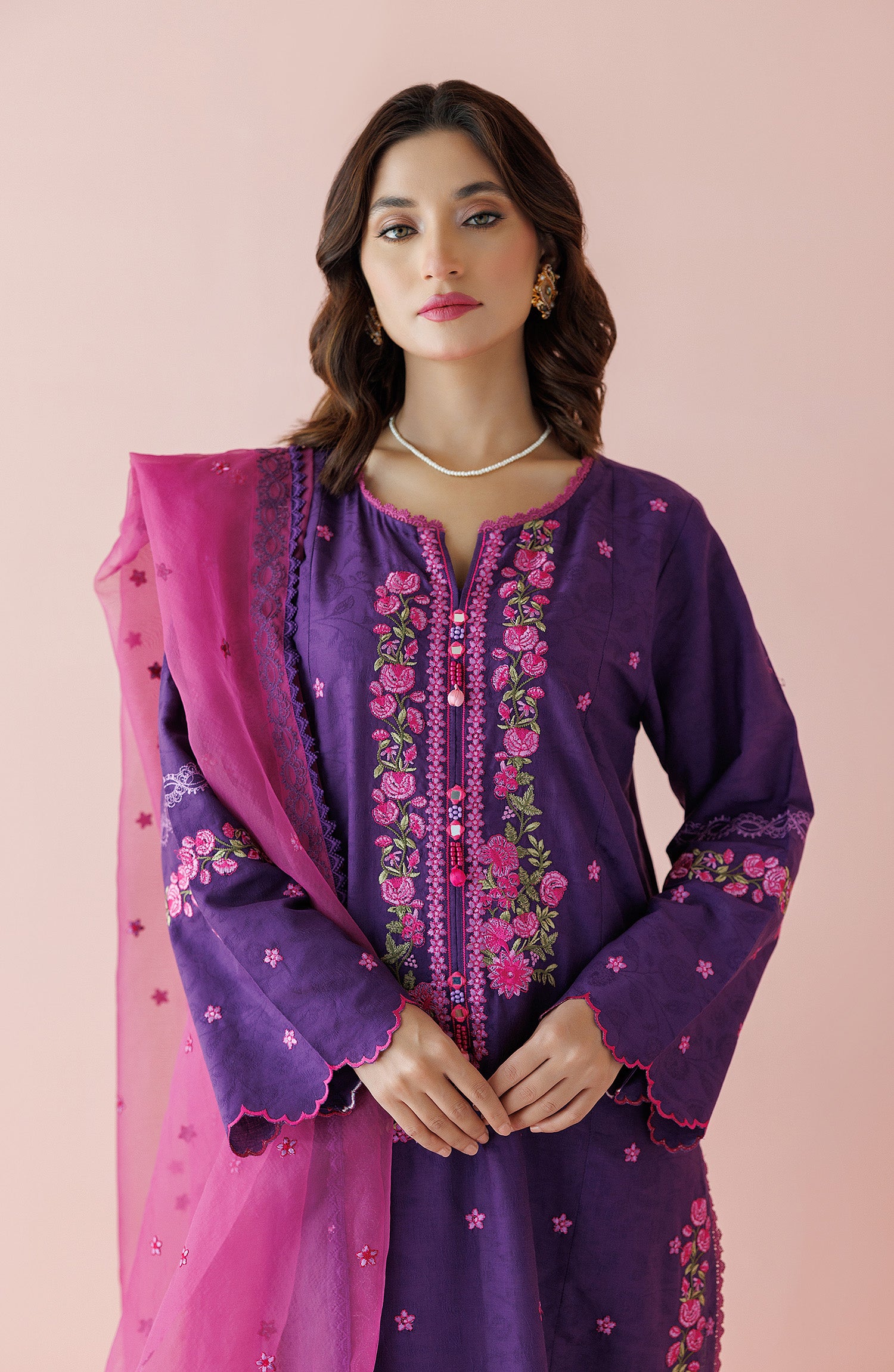 Unstitched 3 Piece Embroidered Jacquard Shirt , Jacquard Pant and Organza Dupatta (OTL-24-003/U PURPLE)