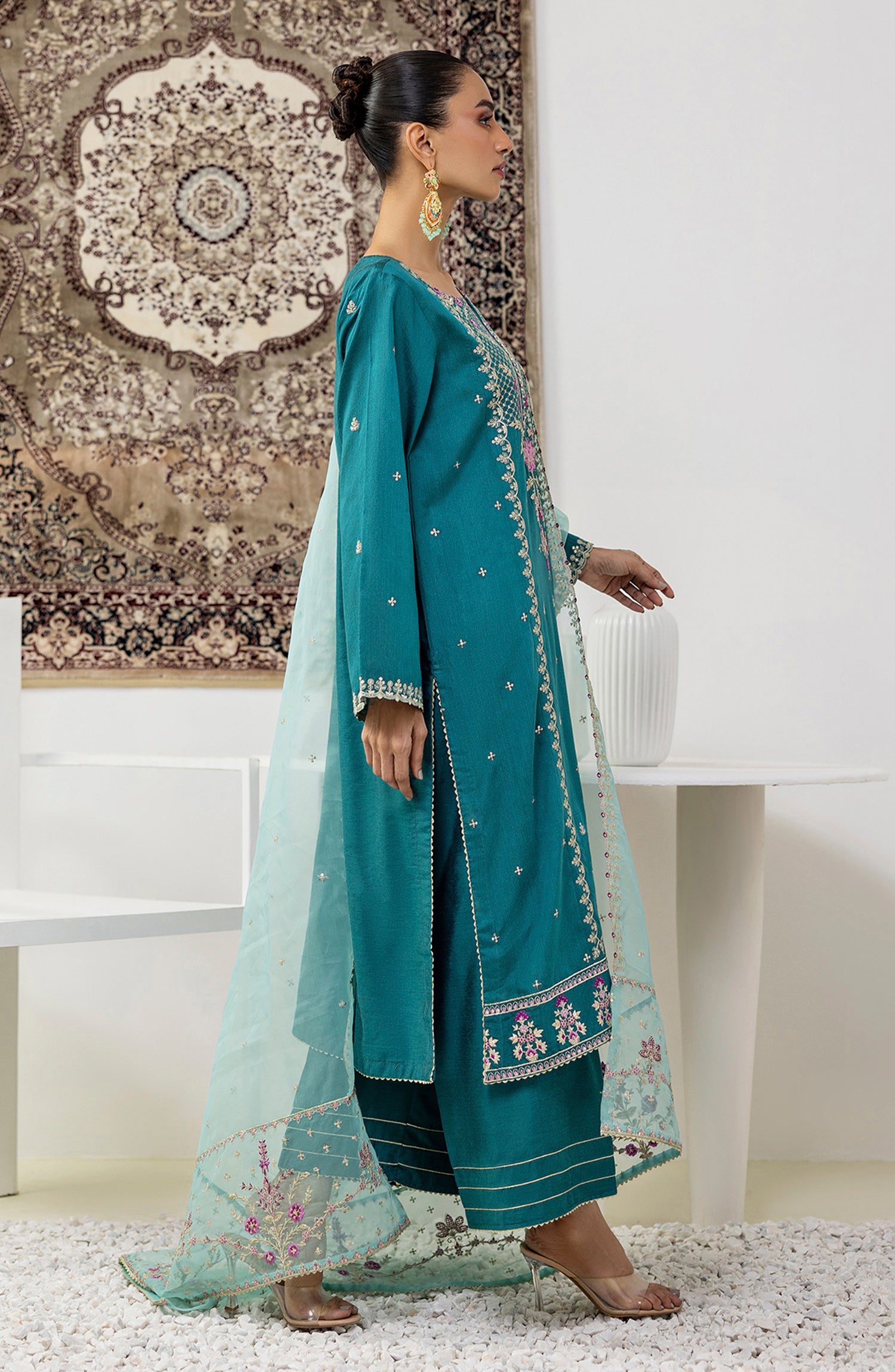 Stitched 3 Piece Embroidered Cotton Silk Shirt , Cotton Silk Pant and Organza Dupatta (NF-SDT-23-019 TEAL)