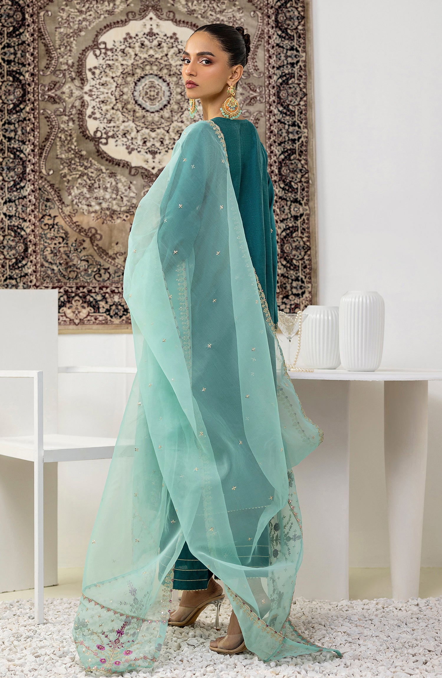 Stitched 3 Piece Embroidered Cotton Silk Shirt , Cotton Silk Pant and Organza Dupatta (NF-SDT-23-019 TEAL)