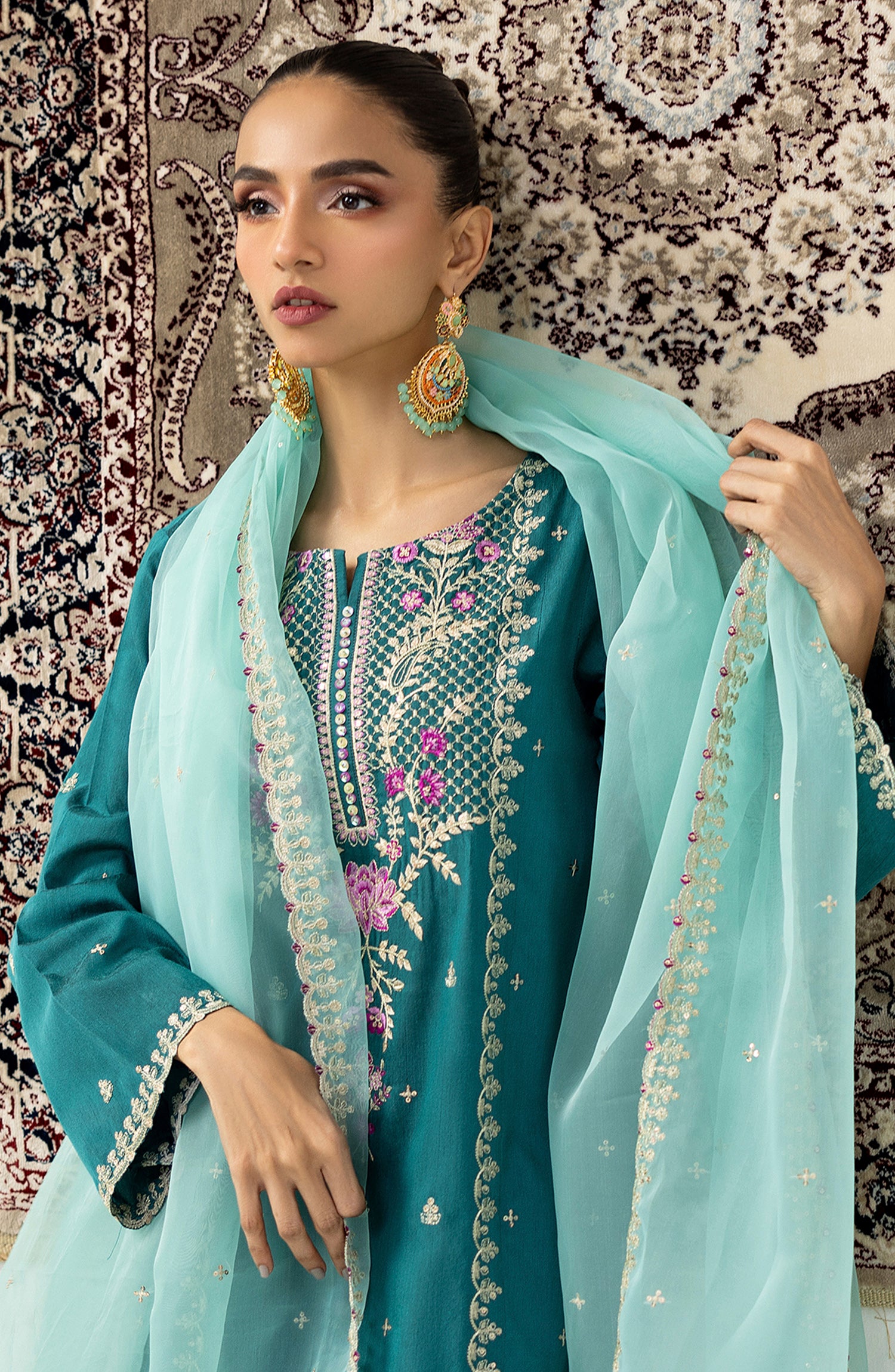 Stitched 3 Piece Embroidered Cotton Silk Shirt , Cotton Silk Pant and Organza Dupatta (NF-SDT-23-019 TEAL)