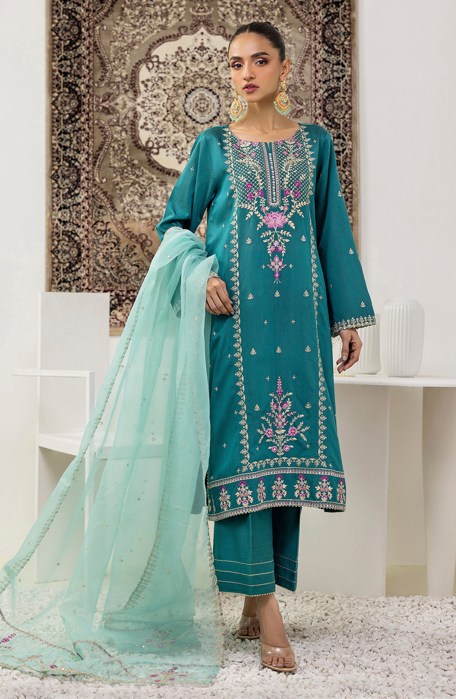 Stitched 3 Piece Embroidered Cotton Silk Shirt , Cotton Silk Pant and Organza Dupatta (NF-SDT-23-019 TEAL)