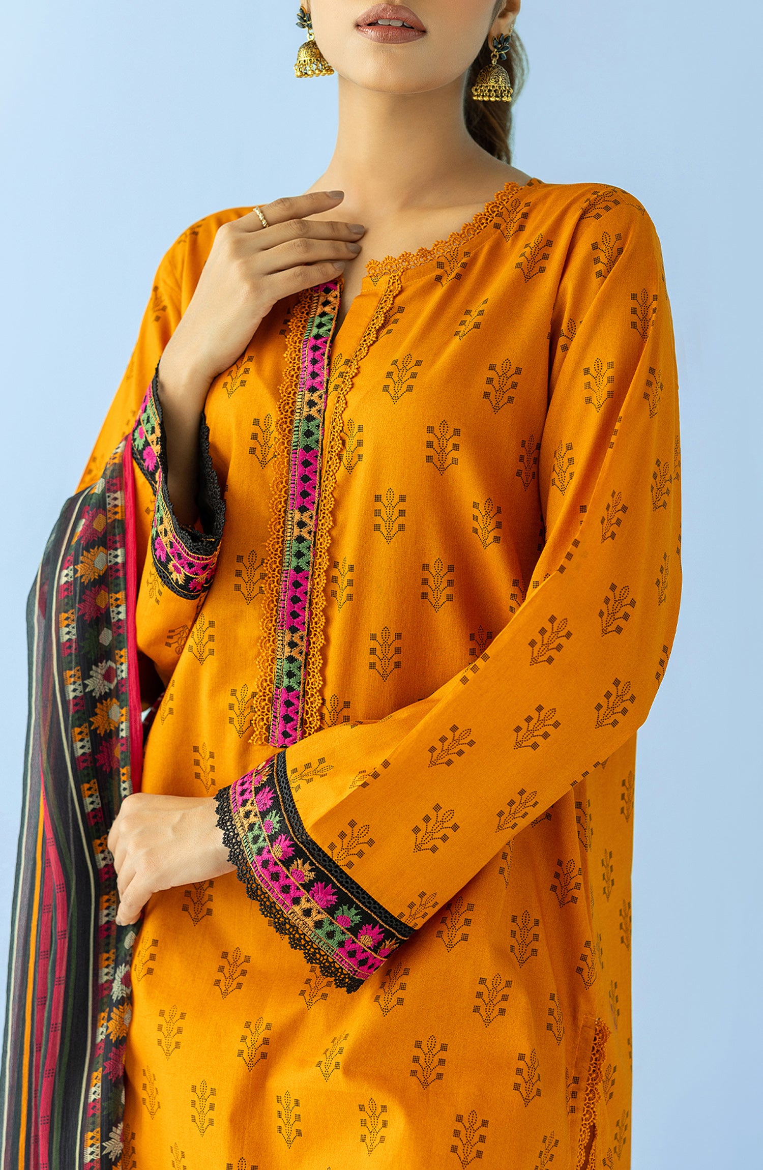 Unstitched 3 Piece Embroidered Lawn Shirt , Cambric Pant and Chiffon Dupatta (OTL-24-225/U YELLOW)