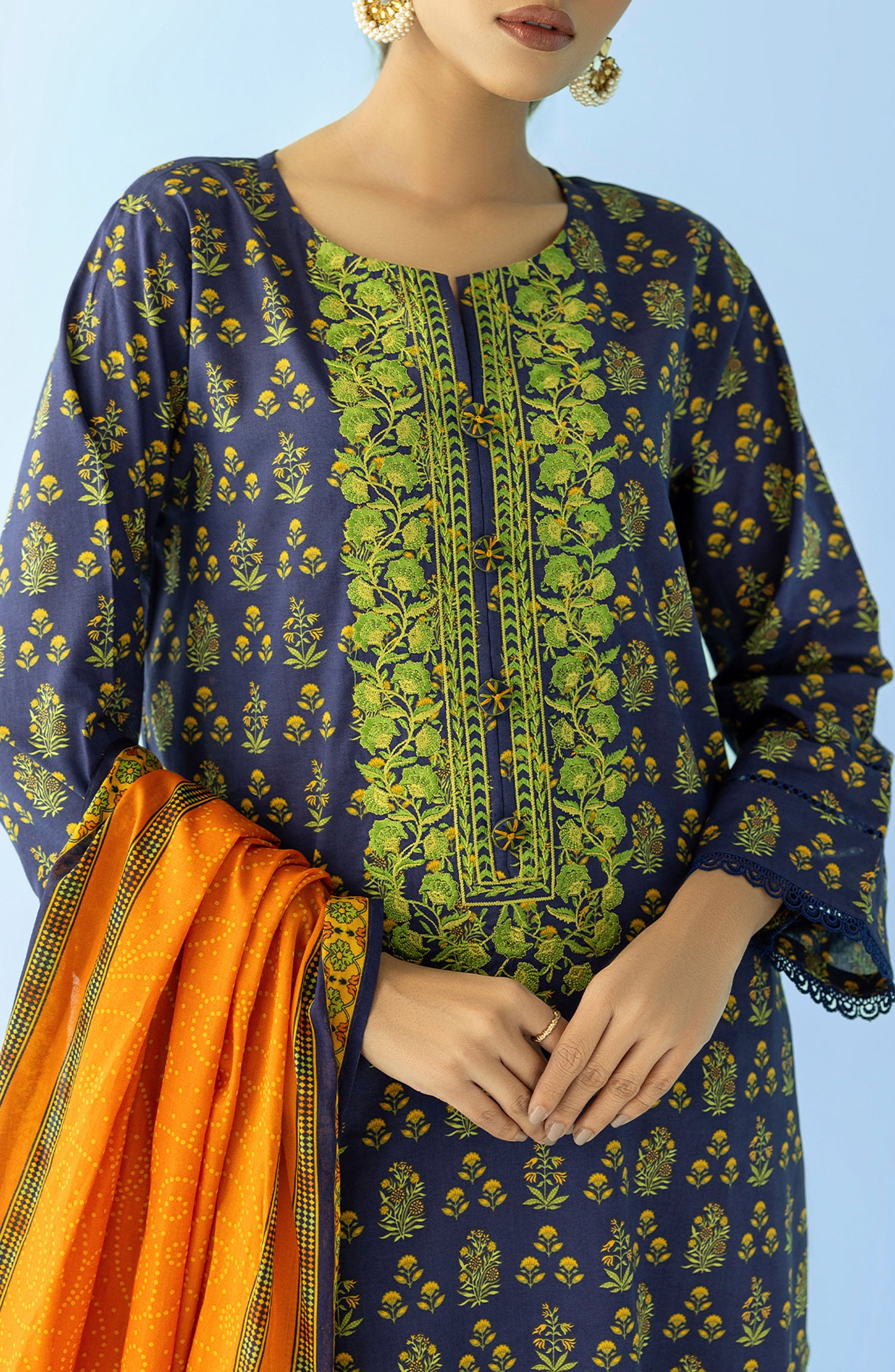 Stitched 2 Piece Printed Embroidered Lawn Shirt and Lawn Dupatta (NRDS-24-025/S BLUE)