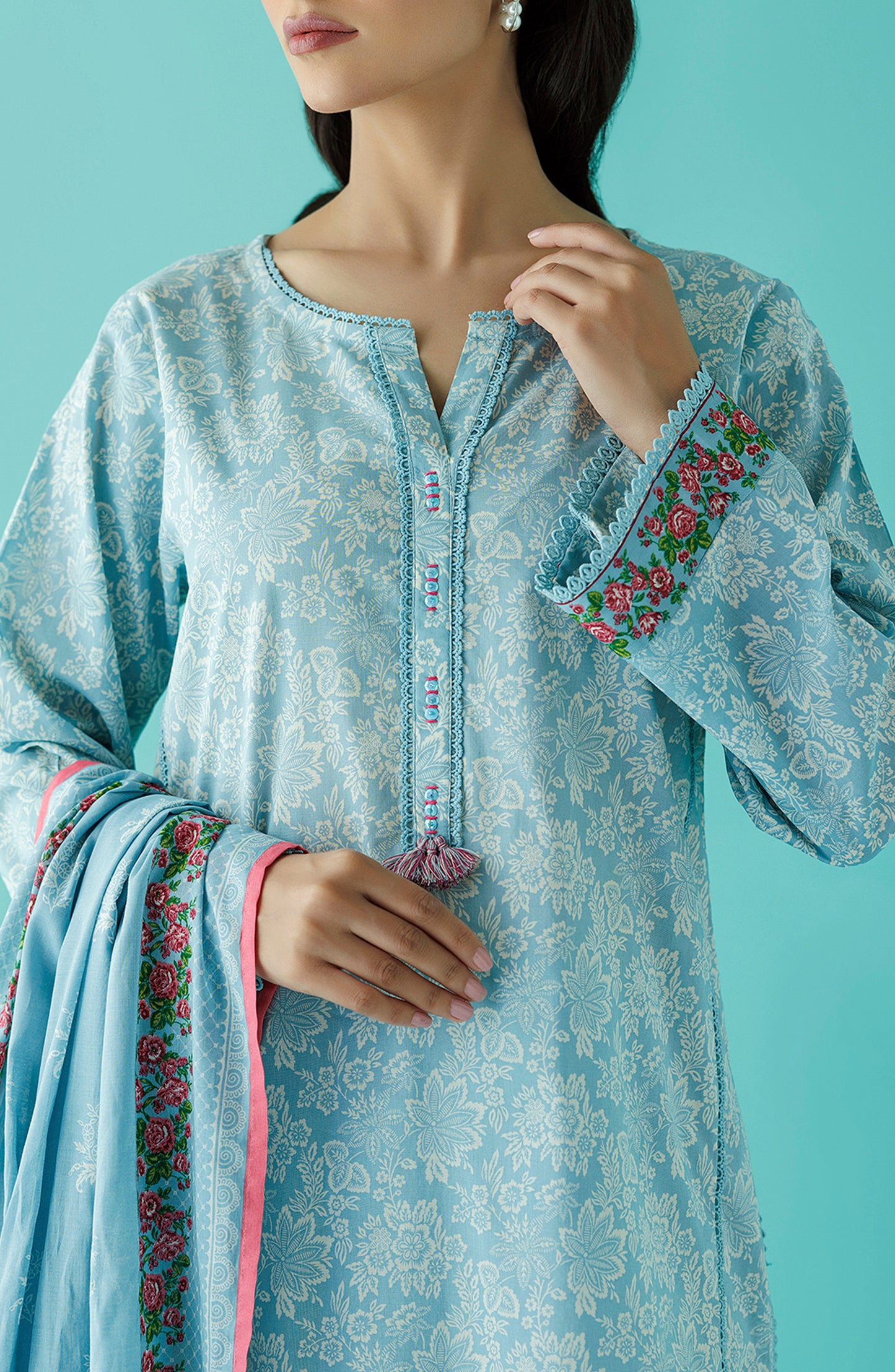 Stitched 3 Piece Printed Lawn Shirt , Cambric Pant and Lawn Dupatta (OTL-24-182/S ICE BLUE)