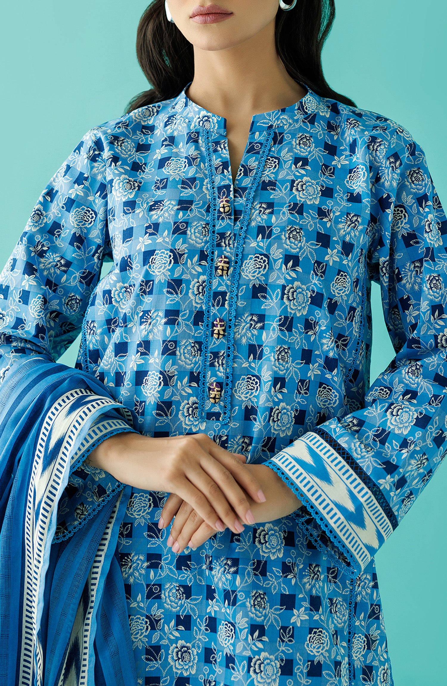 Stitched 3 Piece Printed Lawn Shirt , Cambric Pant and Lawn Dupatta (OTL-24-220/S ICE BLUE)