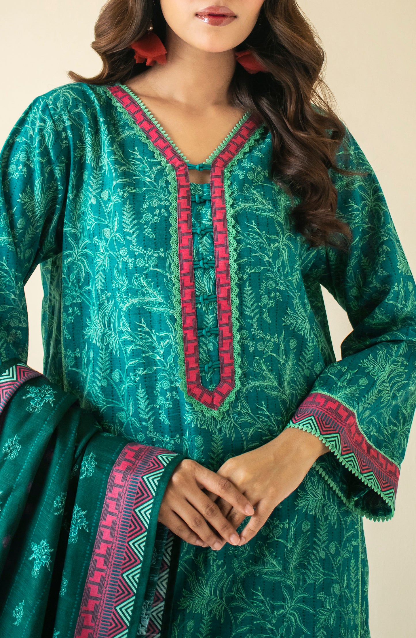 Unstitched 3 Piece Printed Khaddar Shirt , Khaddar Pant and Khaddar Dupatta (OTL-24-222/U TEAL)