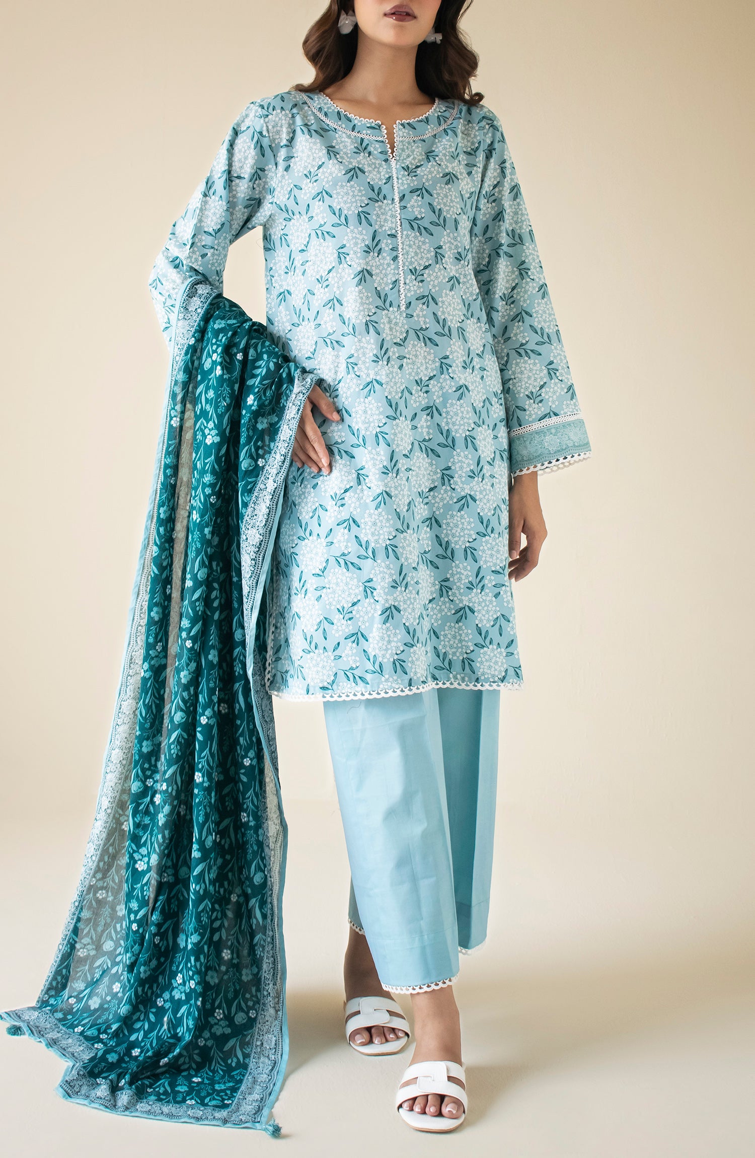 Unstitched 3 Piece Printed Cambric Shirt , Cambric Pant and Cambric Dupatta (OTL-24-122/U SKY BLUE)