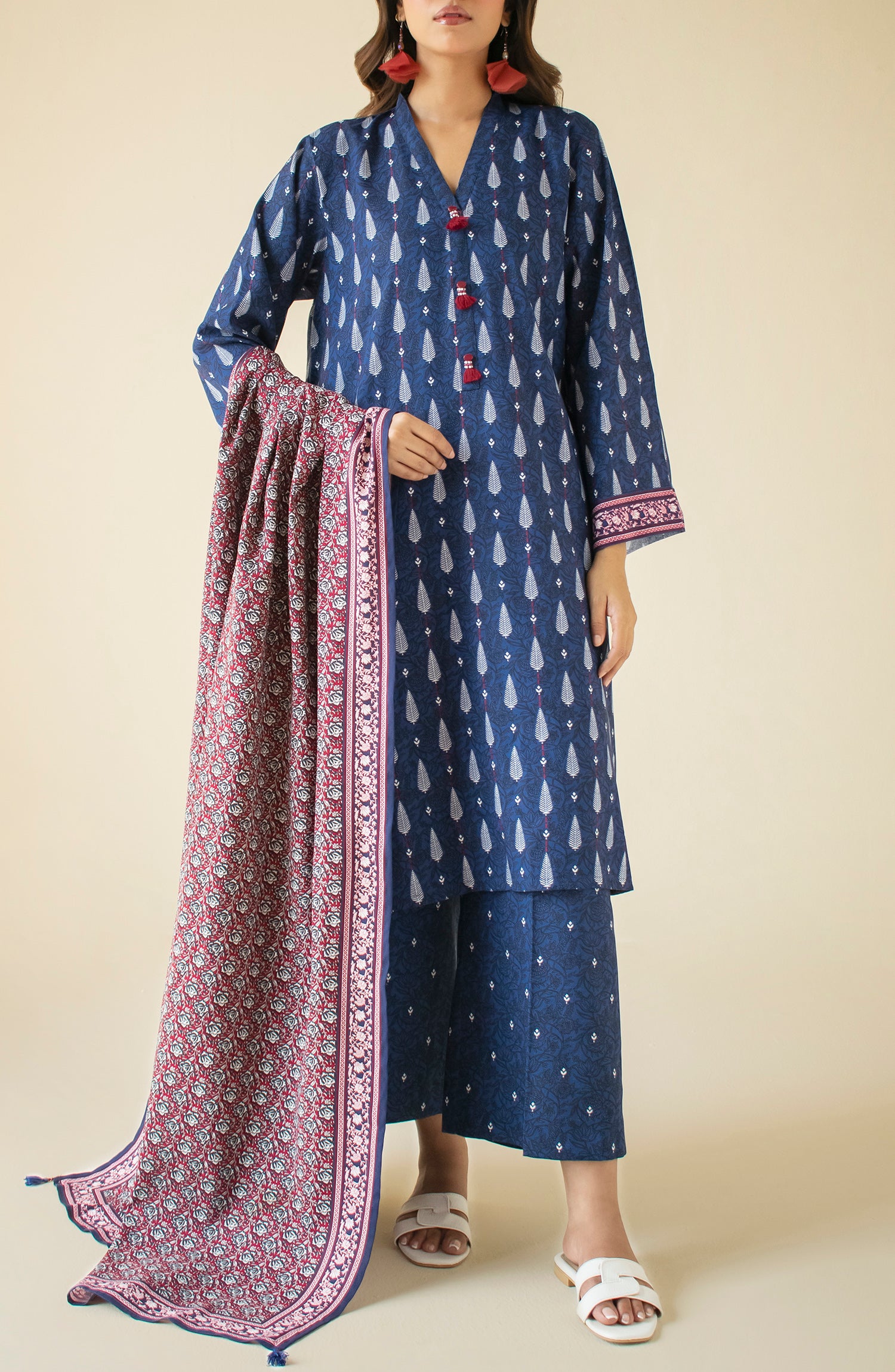 Unstitched 3 Piece Printed Linen Shirt , Linen Pant and Linen Dupatta (OTL-24-454/U BLUE)