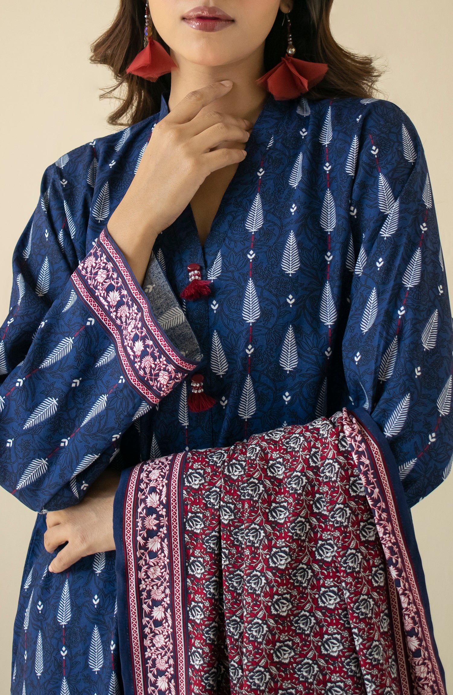 Unstitched 3 Piece Printed Linen Shirt , Linen Pant and Linen Dupatta (OTL-24-454/U BLUE)