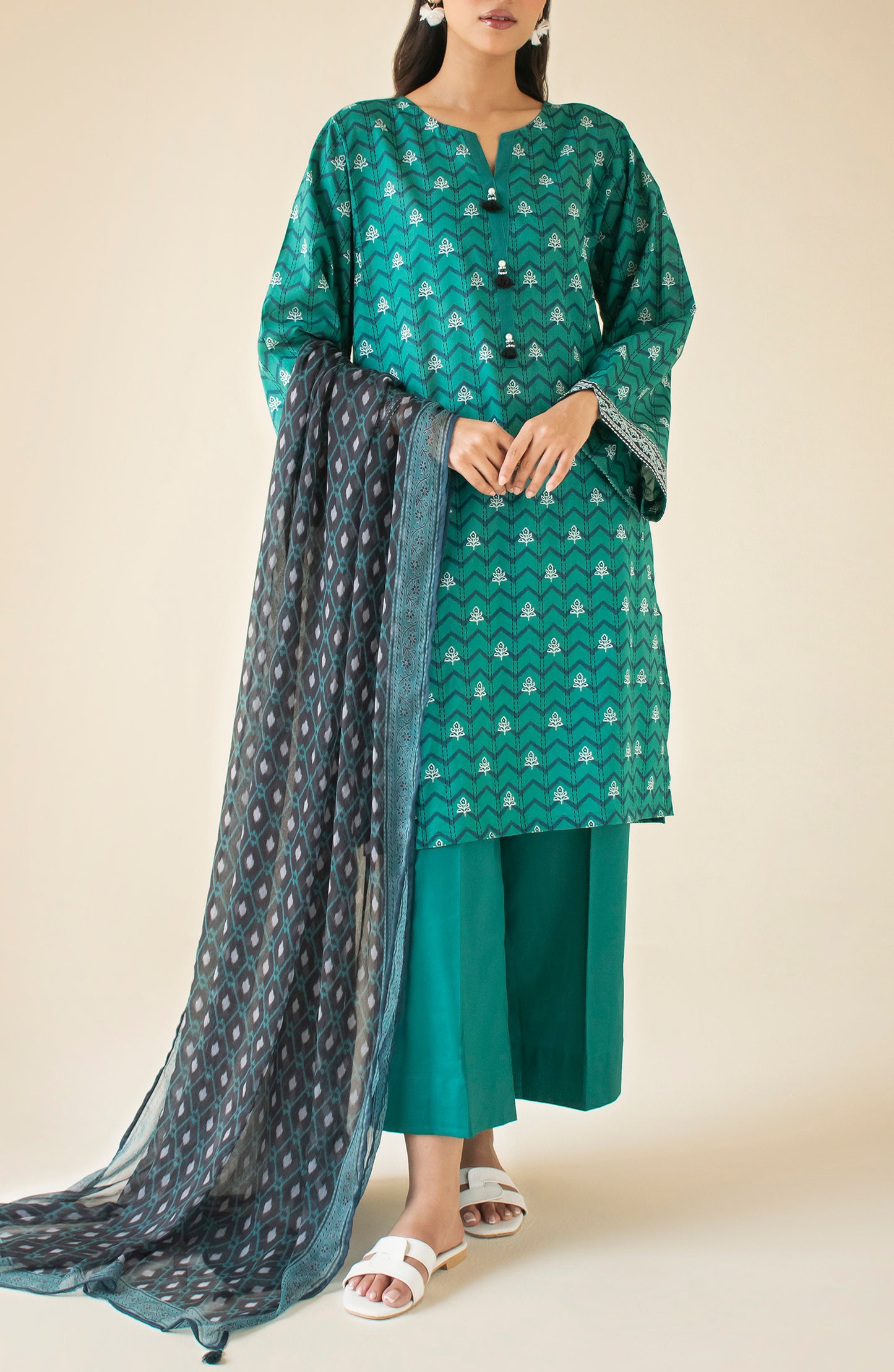 Unstitched 3 Piece Printed Cambric Shirt , Cambric Pant and Chiffon Dupatta (OTL-24-112/U TEAL)