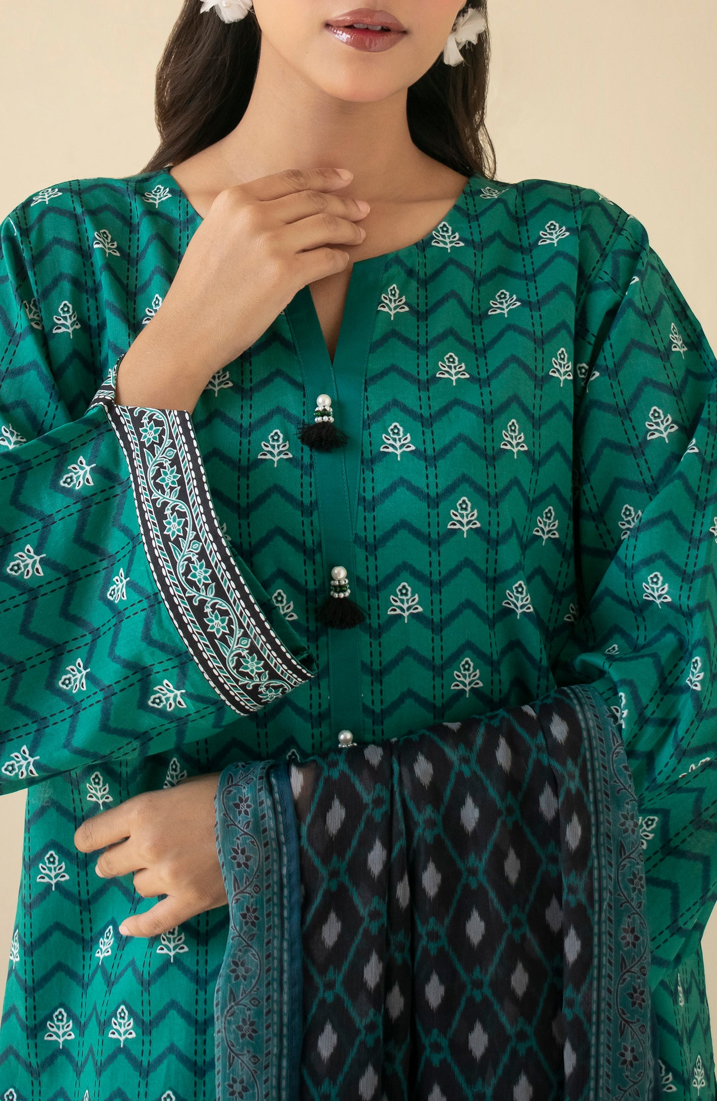 Unstitched 3 Piece Printed Cambric Shirt , Cambric Pant and Chiffon Dupatta (OTL-24-112/U TEAL)