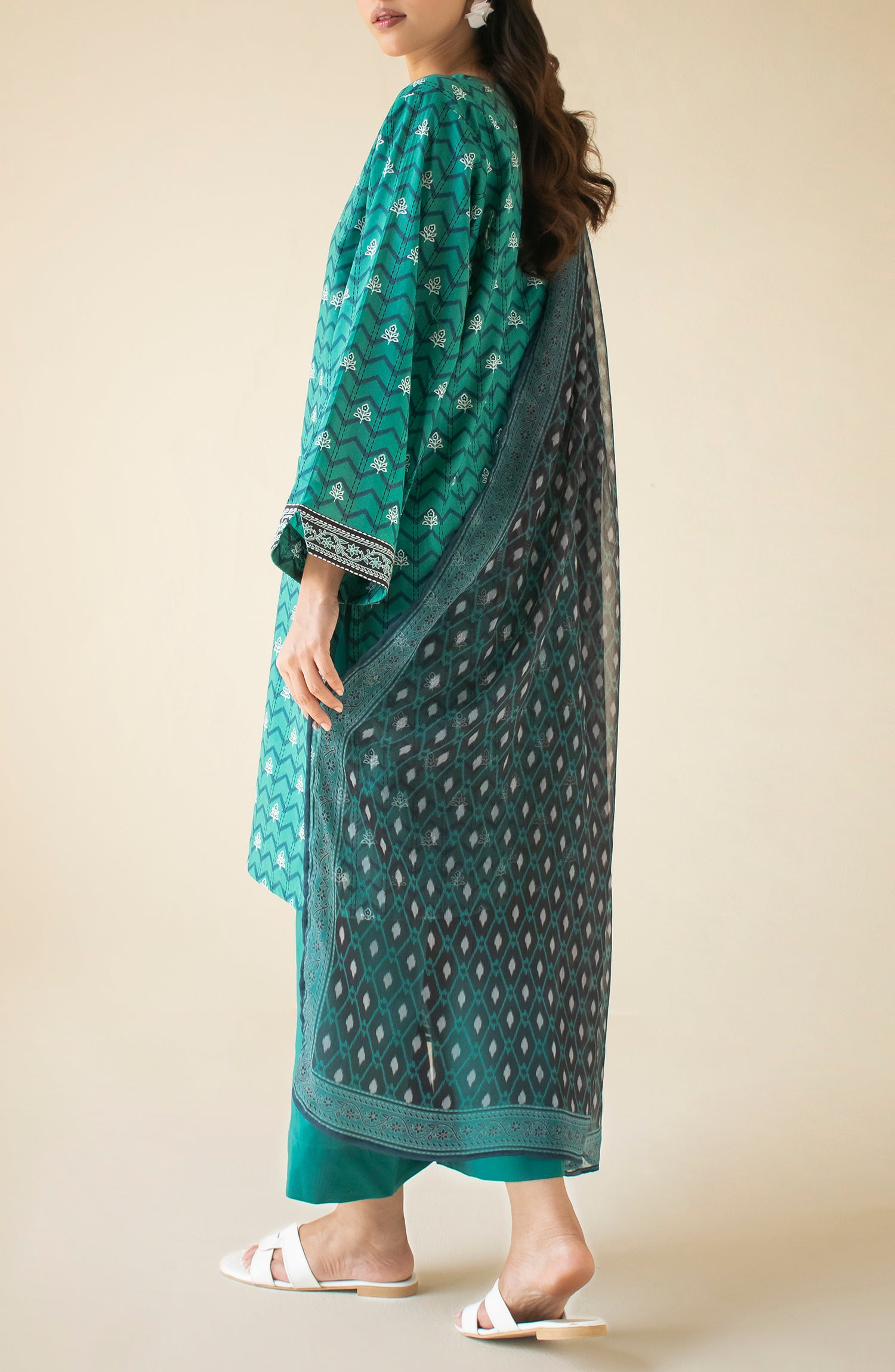 Unstitched 3 Piece Printed Cambric Shirt , Cambric Pant and Chiffon Dupatta (OTL-24-112/U TEAL)