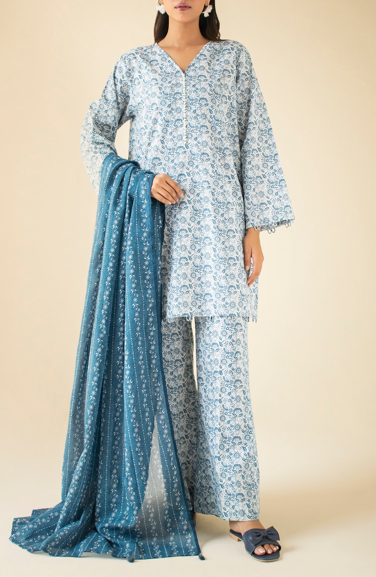 Unstitched 3 Piece Cambric Shirt , Cambric Pant and Cambric Dupatta (OTL-24-373/U TEAL)