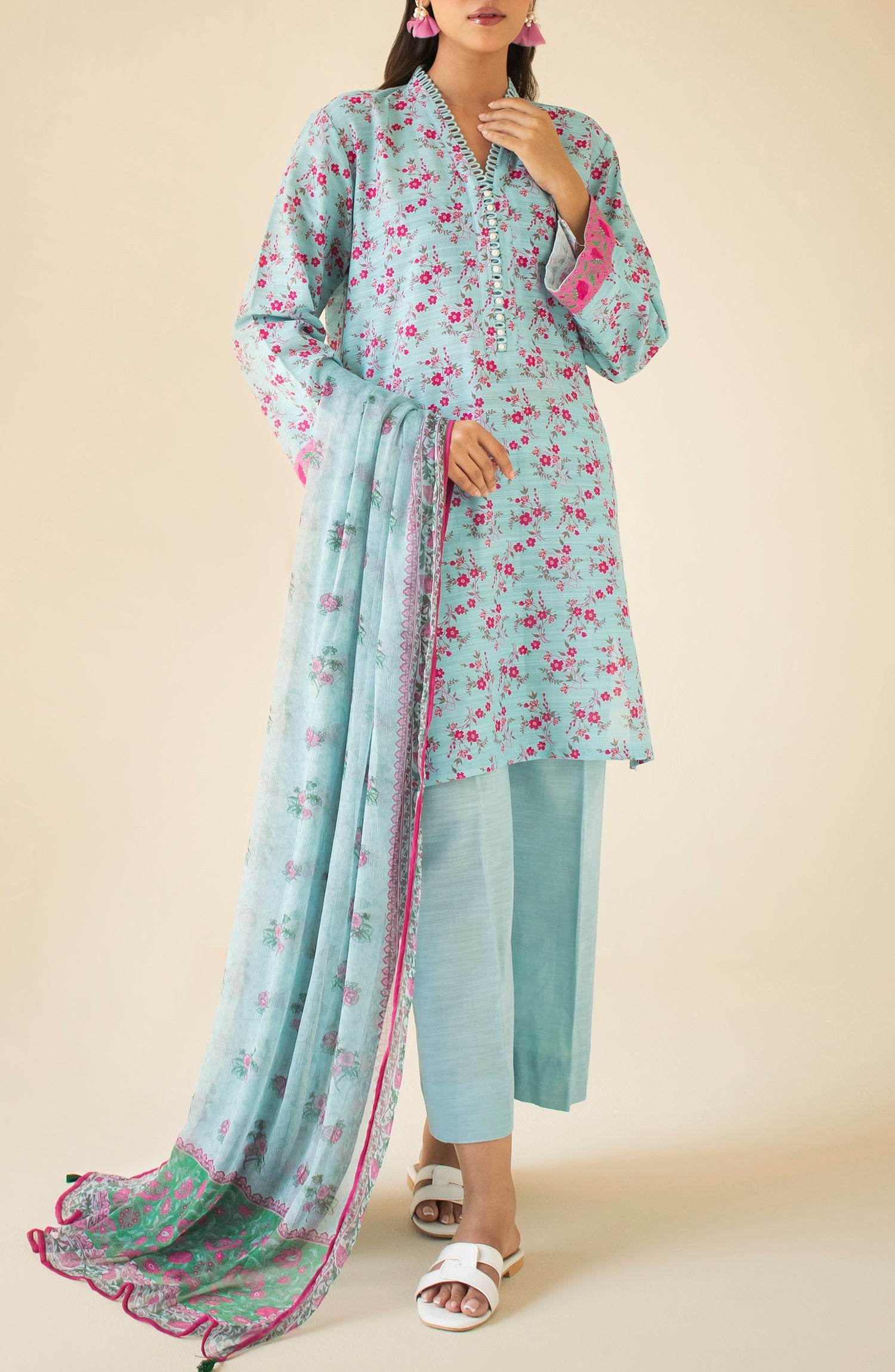 Unstitched 3 Piece Printed Khaddar Shirt , Khaddar Pant and KETONIC Dupatta (OTL-24-109/U SKY BLUE)